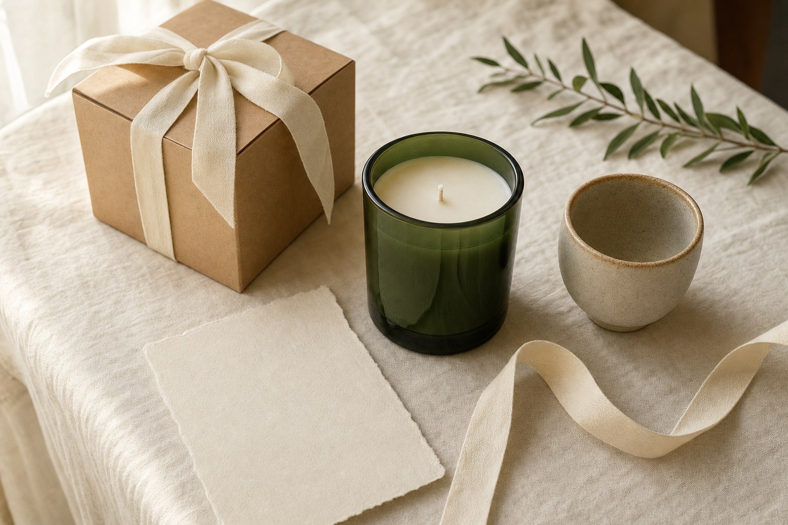 An unlit green candle, kraft gift box, cream ribbon, and ceramic cup arranged on cream linen