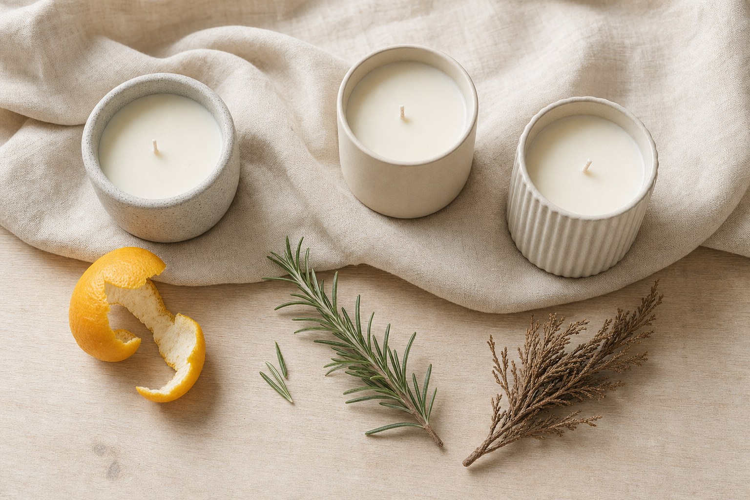 Three unlit candles with orange peel, rosemary, and cedar scent cues