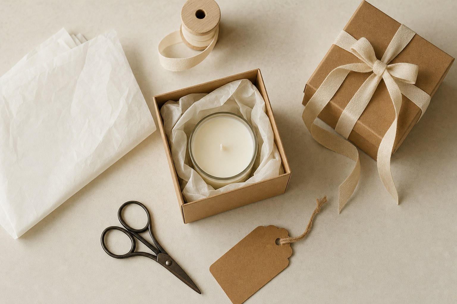 An unlit candle being prepared in a simple kraft gift box with tissue and ribbon