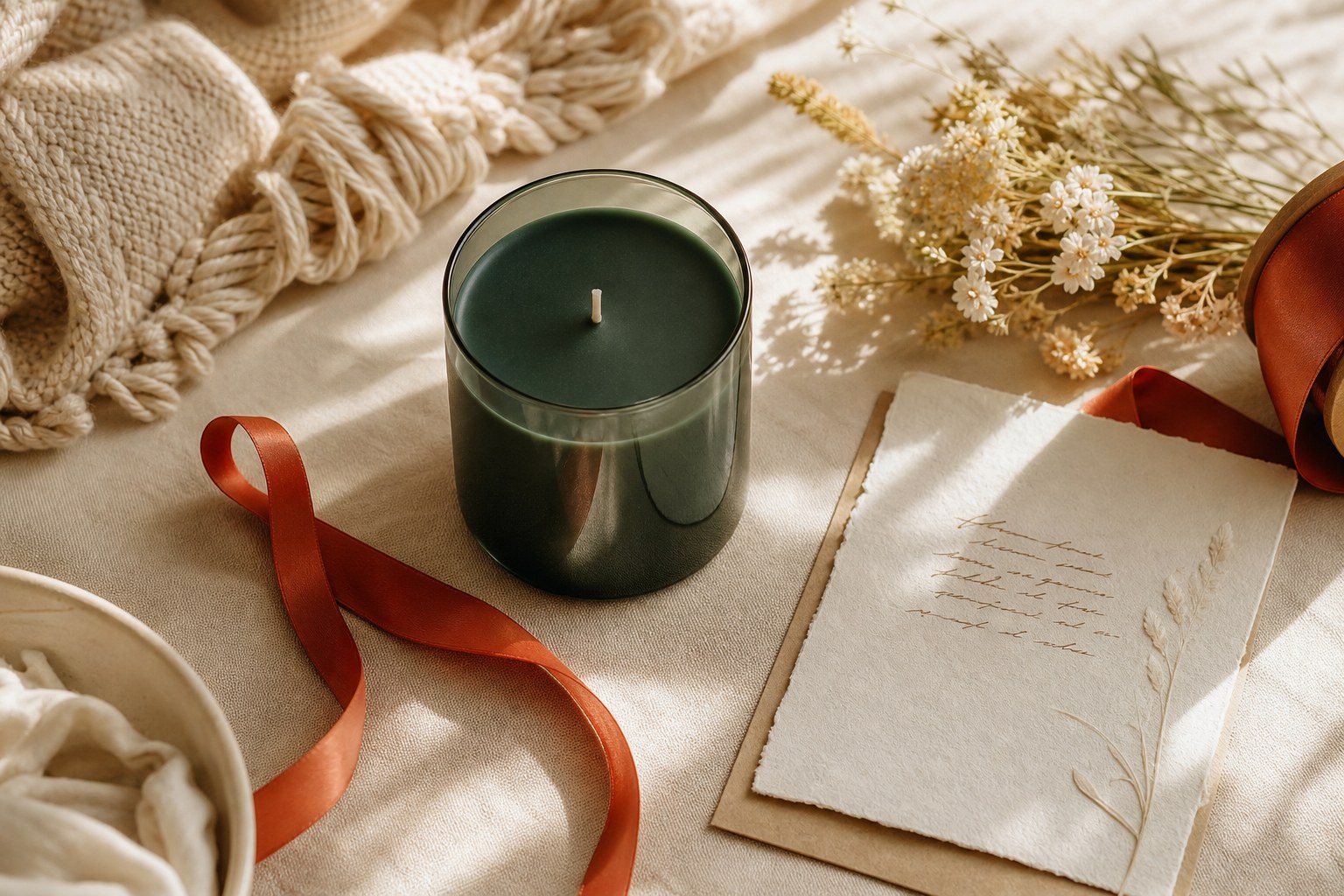 An unlit evergreen candle with a ribbon and dried flowers on cream linen