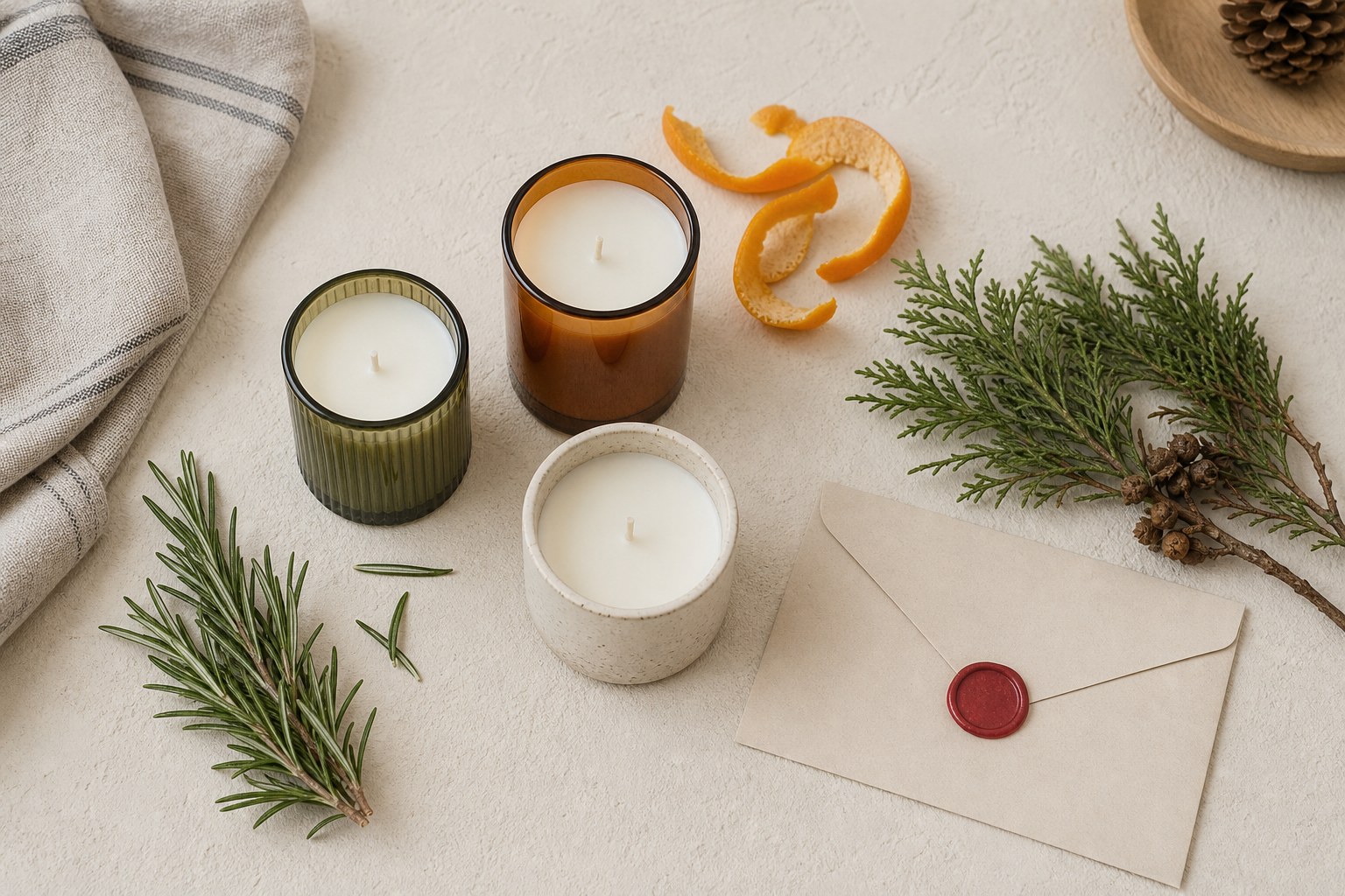 Three unlit candles with citrus, rosemary, and cedar scent cues
