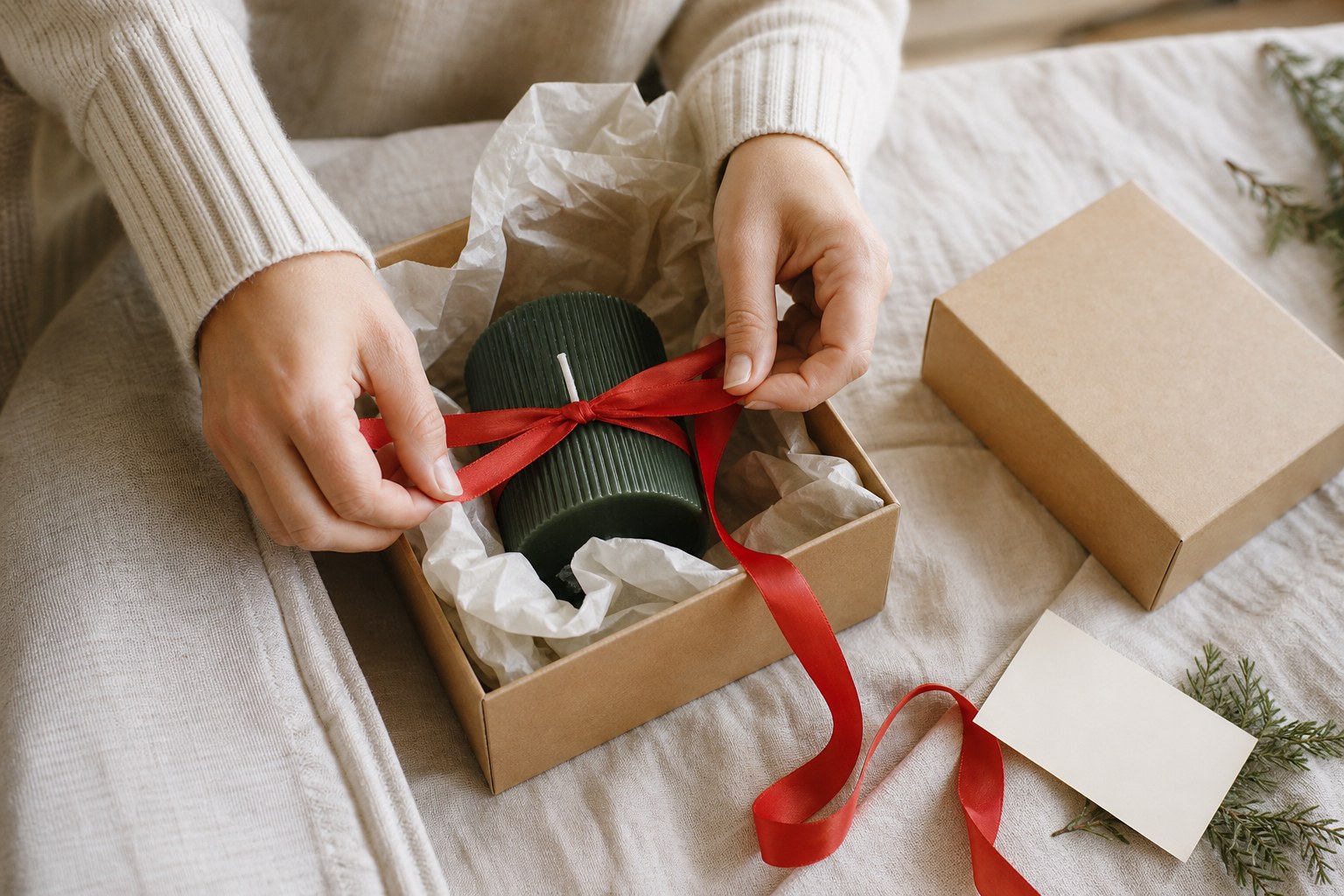 A candle being wrapped in a kraft box with a red ribbon