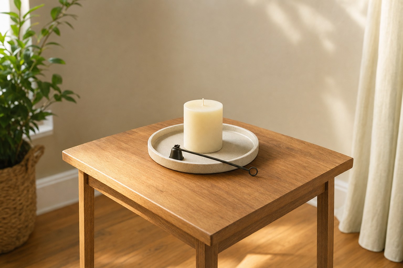 An unlit candle on a sturdy ceramic tray with clear space around it