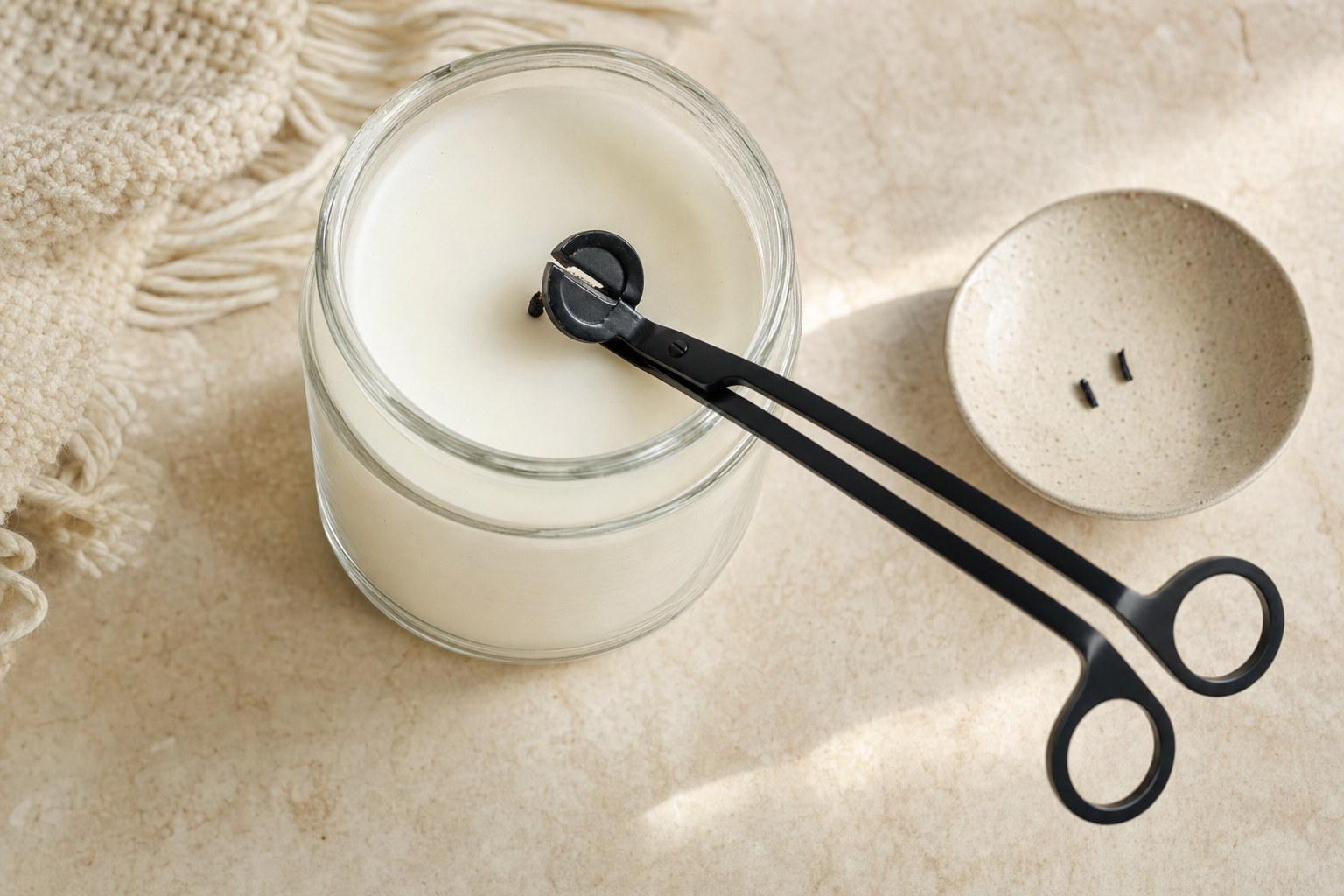 A brass wick trimmer beside a cooled candle with a neatly trimmed wick