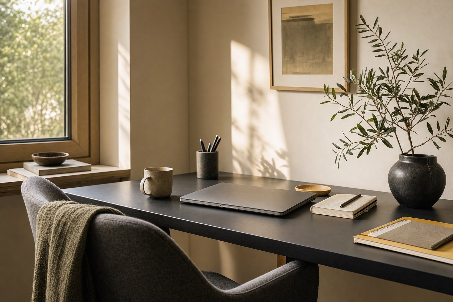 Calm desk by a window with a closed laptop, notebook, and olive plant