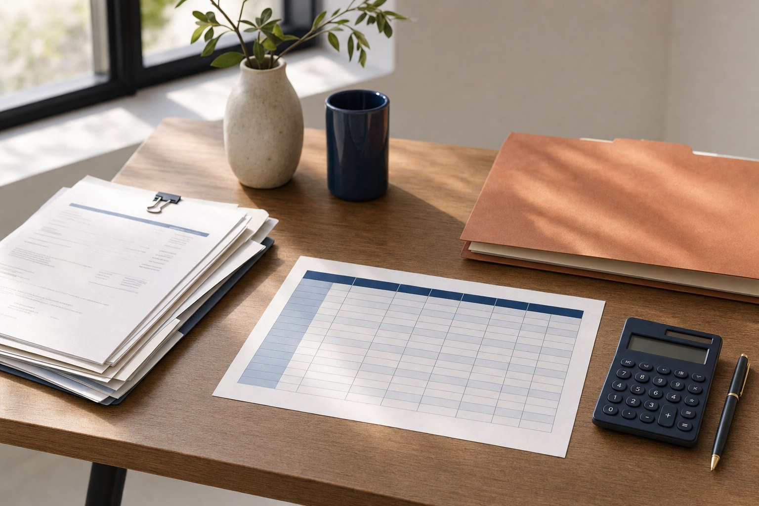Monthly cash-planning sheet with invoices, calculator, and terracotta folder