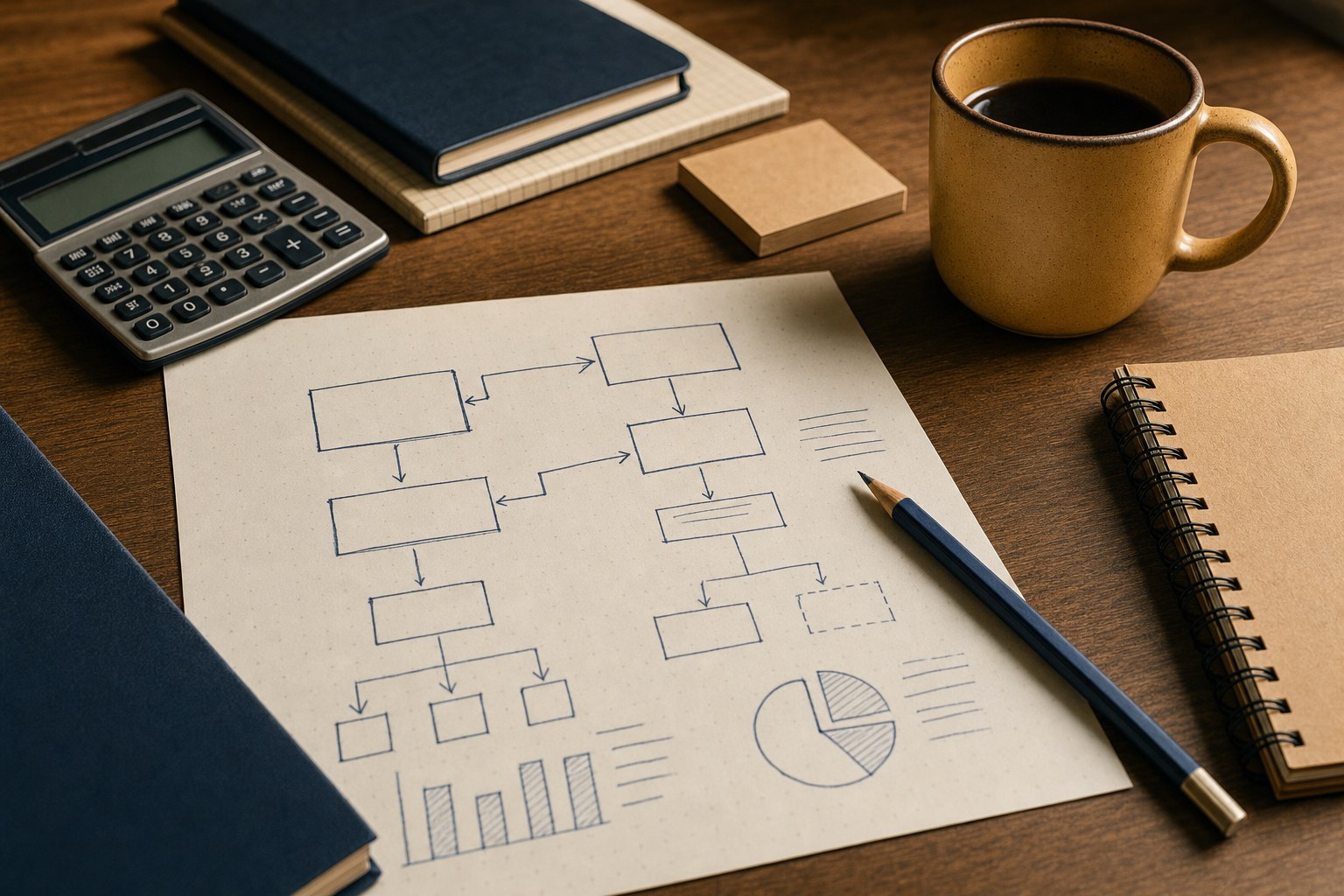 Planning worksheet with a revenue-driver diagram, calculator, and notebook