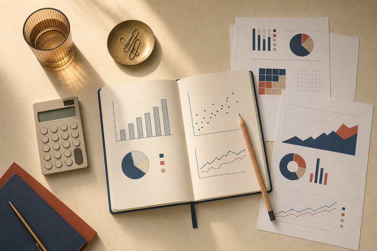 Financial planning notebook, calculator, and charts on a warm desk