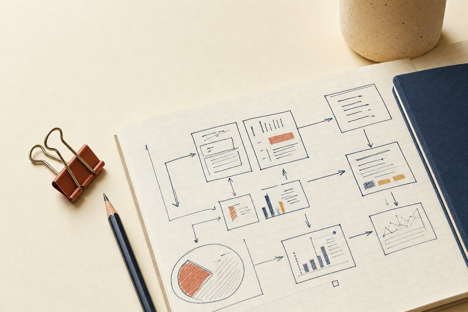 Hand-drawn strategy blueprint with a business model flow and charts