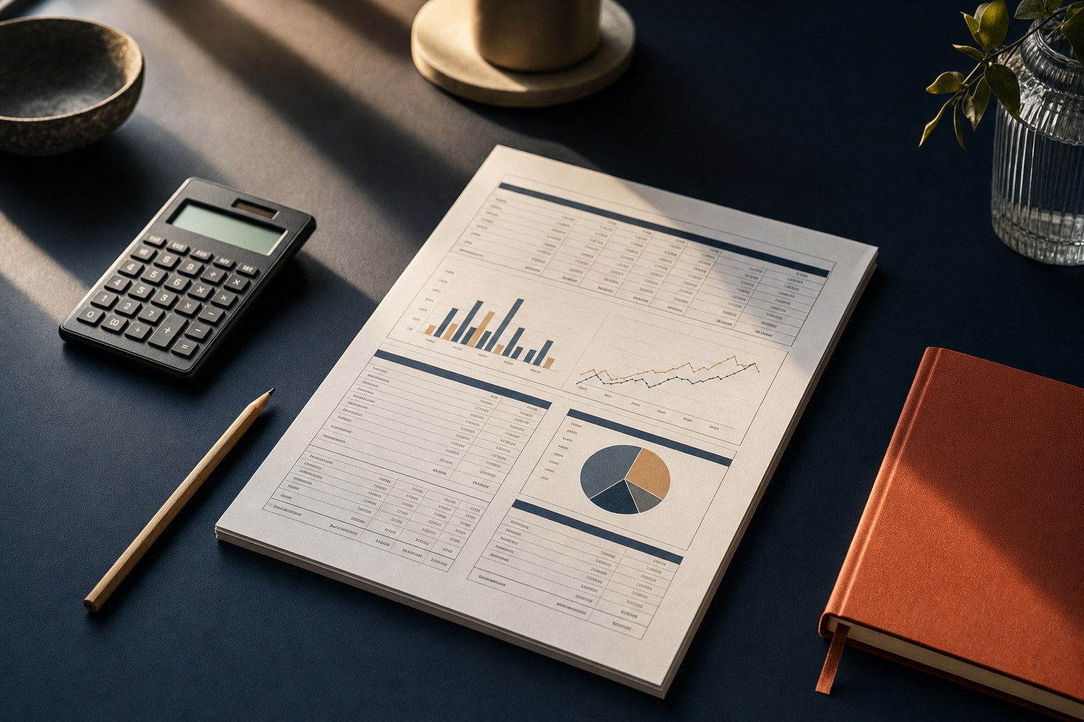 Financial model, calculator, and planning materials on a dark desk