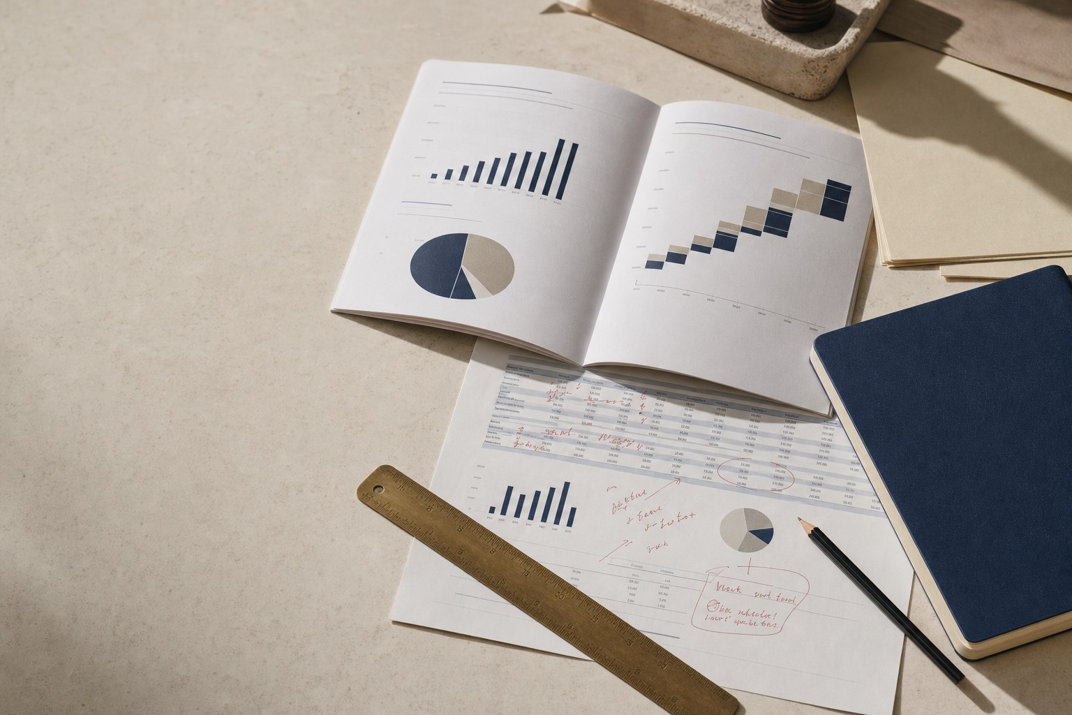 Pitch deck and financial model materials arranged on a cream workspace