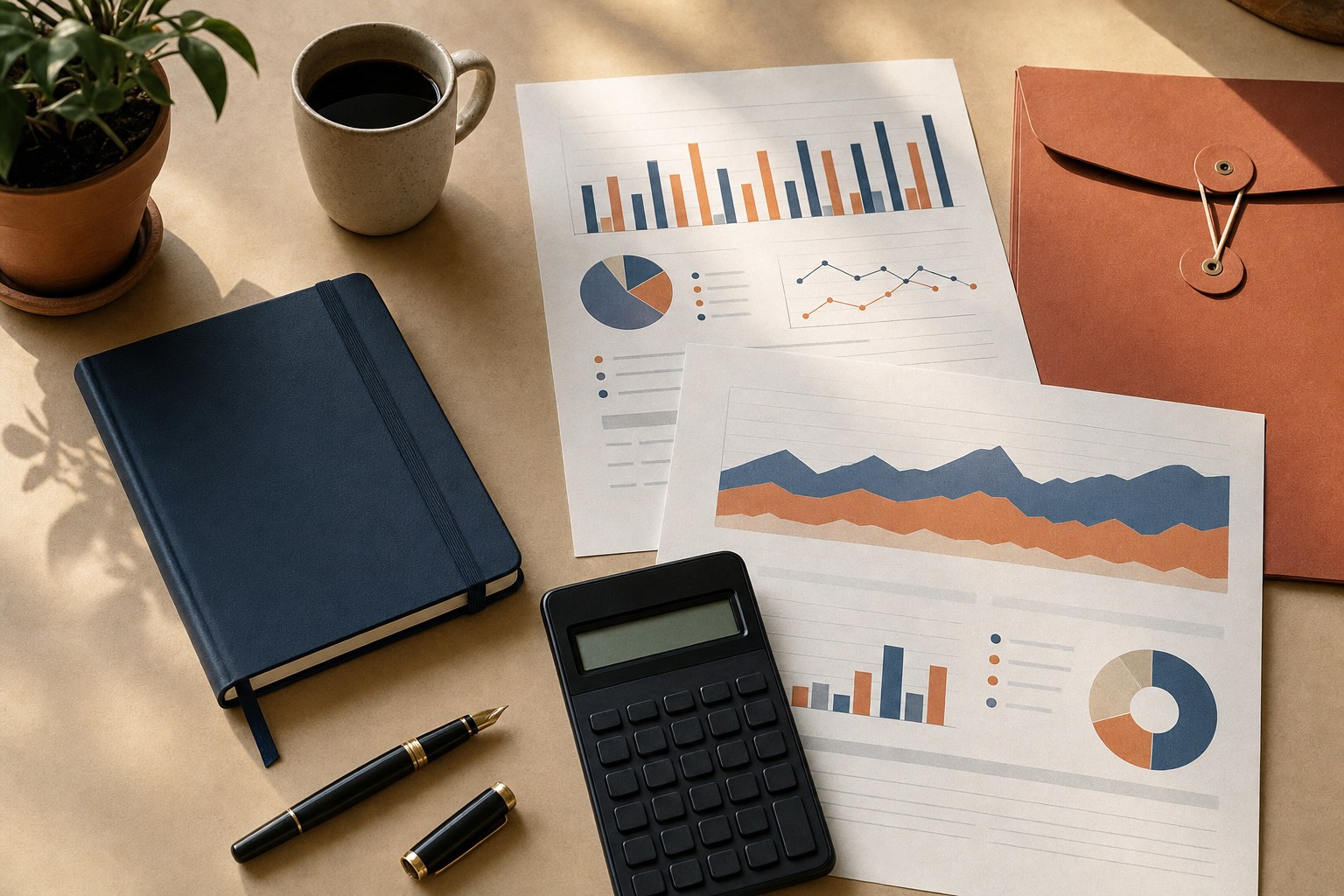 Financial planning sheets, calculator, notebook, and folder arranged on a desk