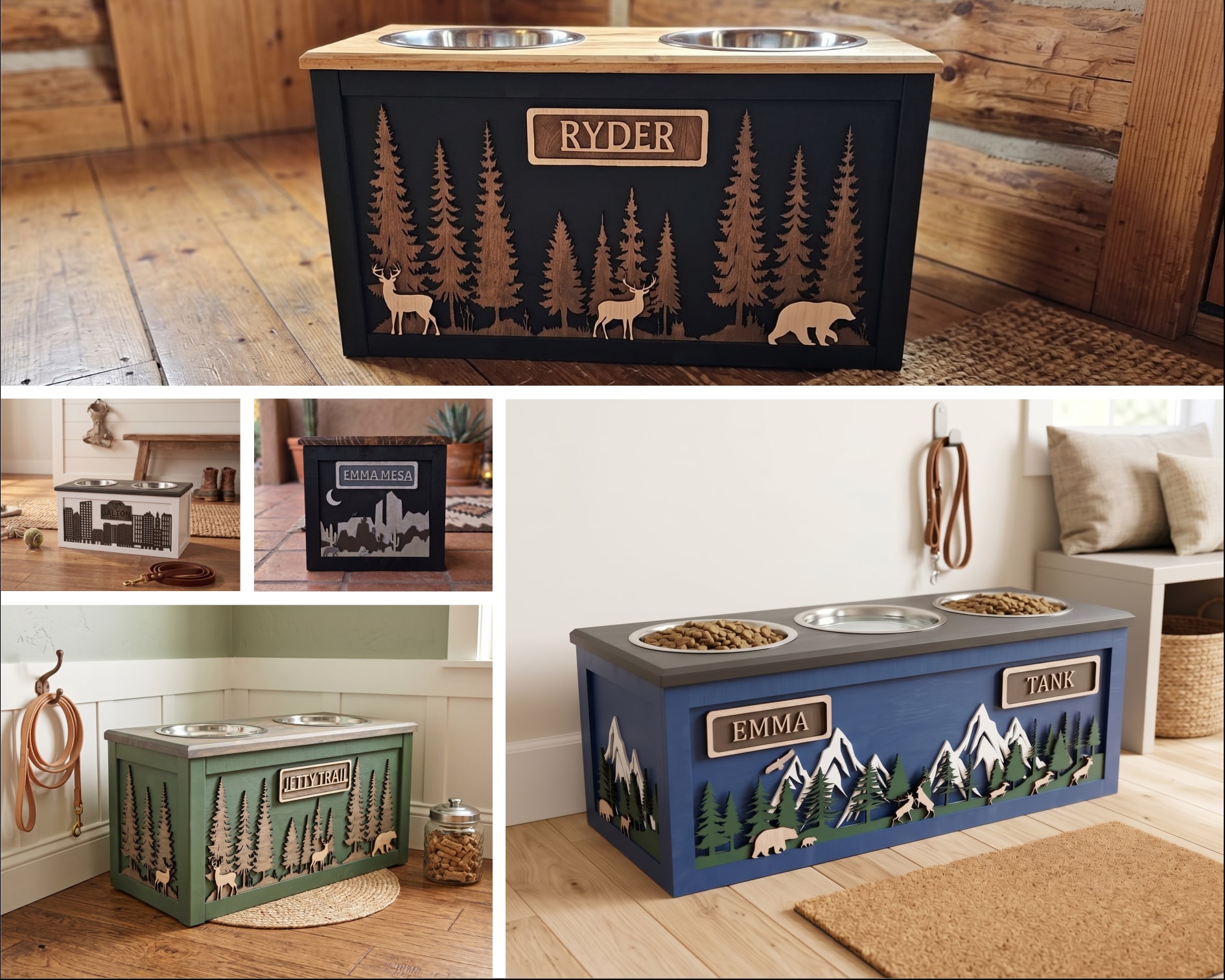 A collection of handcrafted personalized elevated dog feeders