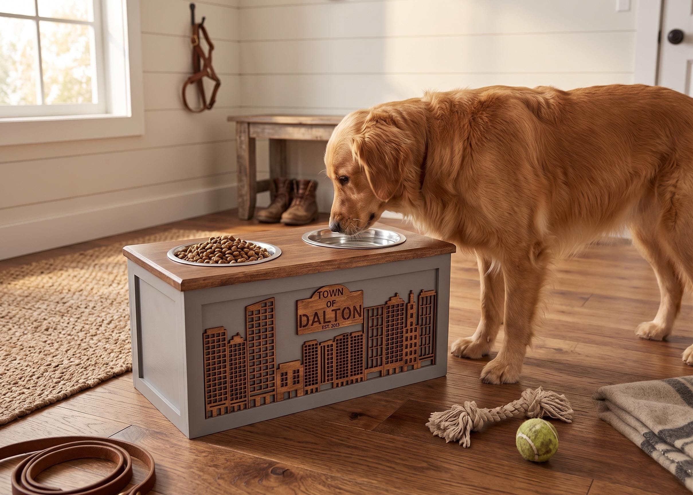 Raised Wood Dog Bowl Stand with City Skyline Design