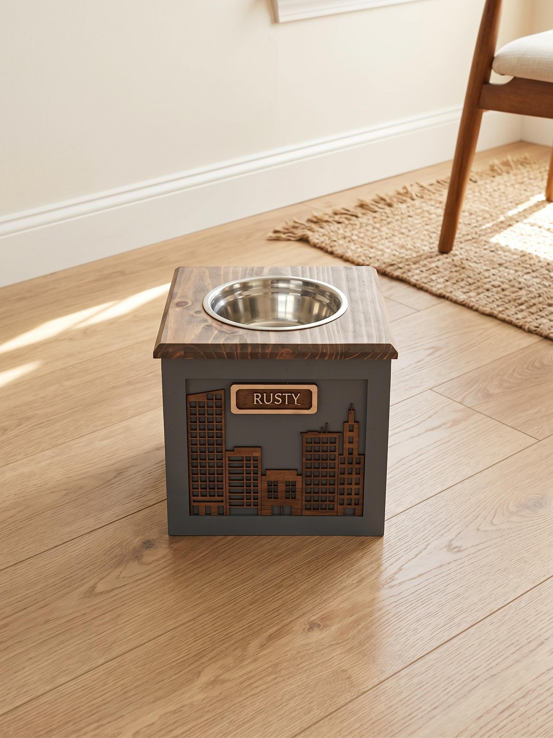 Raised Wood Dog Bowl Stand with City Skyline Design, product view 2