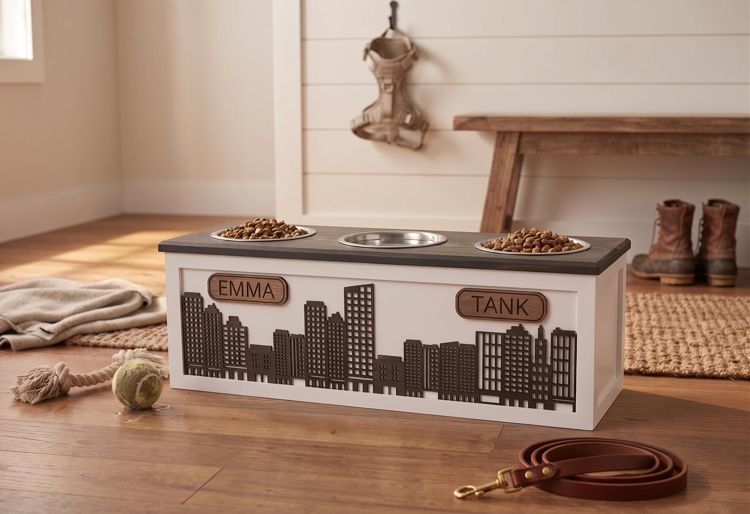Raised Wood Dog Bowl Stand with City Skyline Design, product view 3