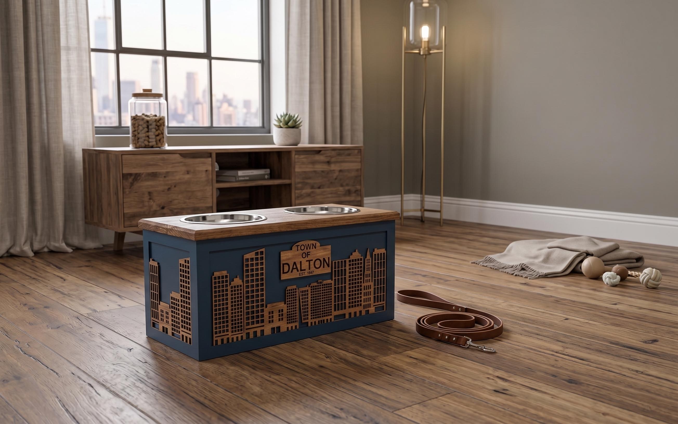 Raised Wood Dog Bowl Stand with City Skyline Design, product view 4