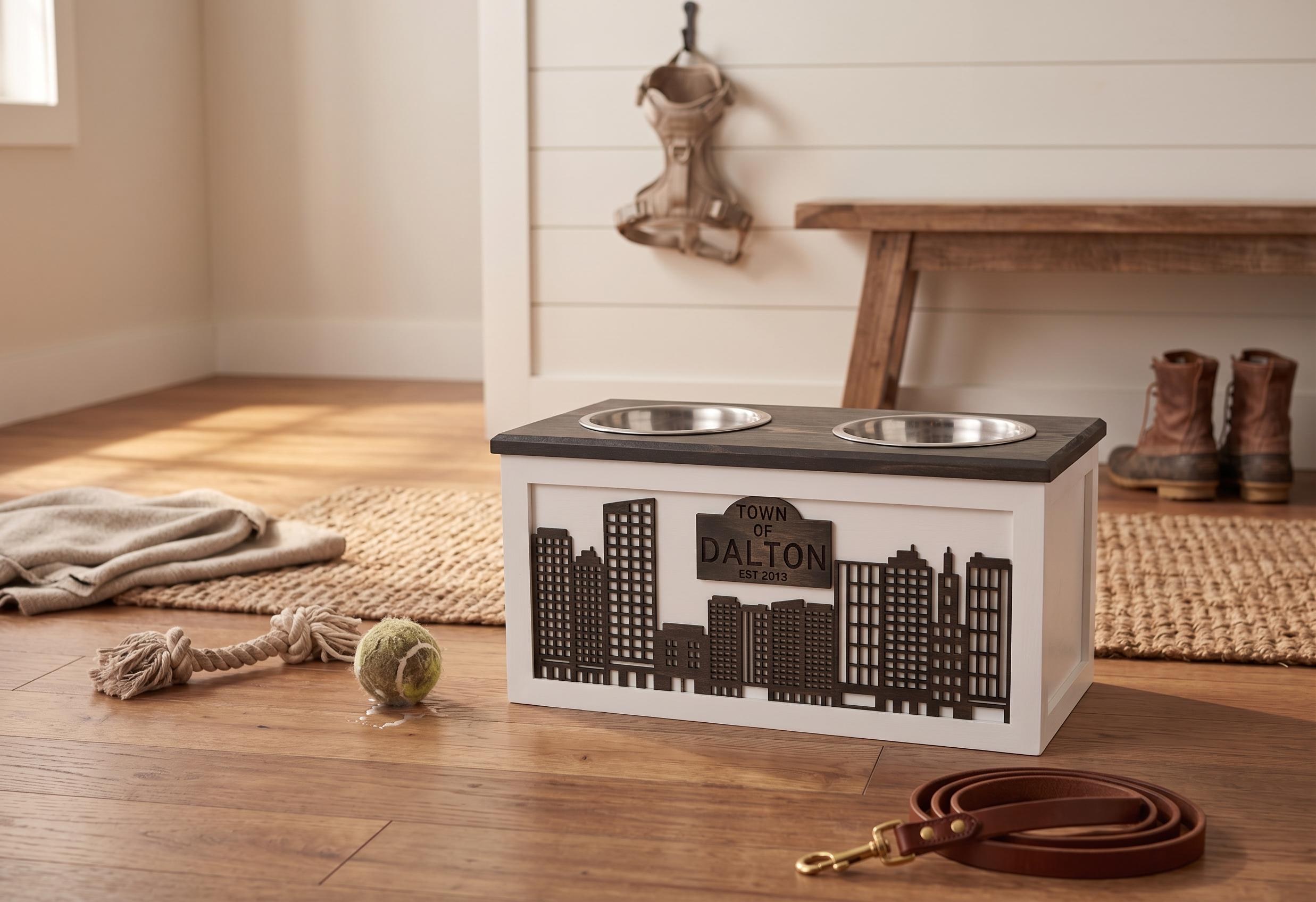 Raised Wood Dog Bowl Stand with City Skyline Design, product view 6