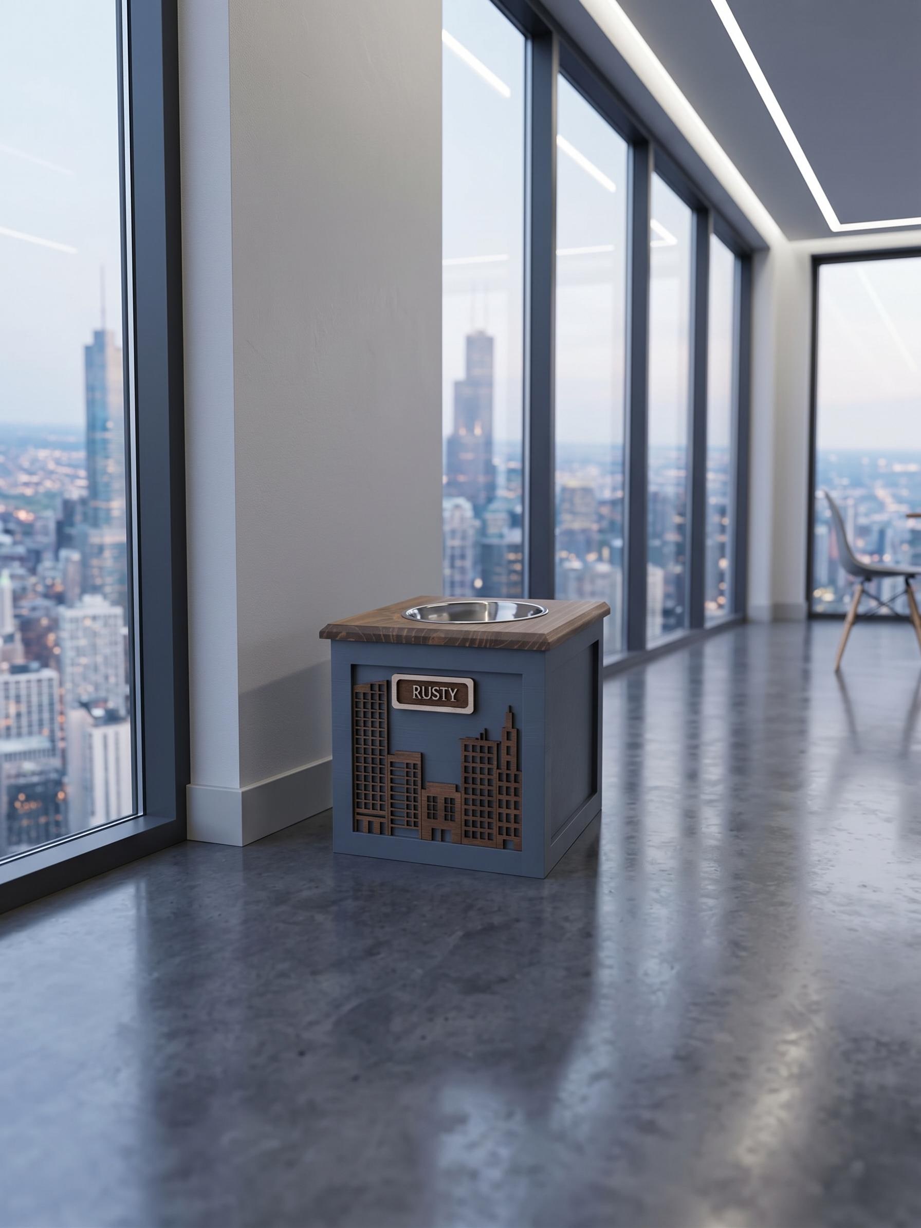 Raised Wood Dog Bowl Stand with City Skyline Design, product view 7