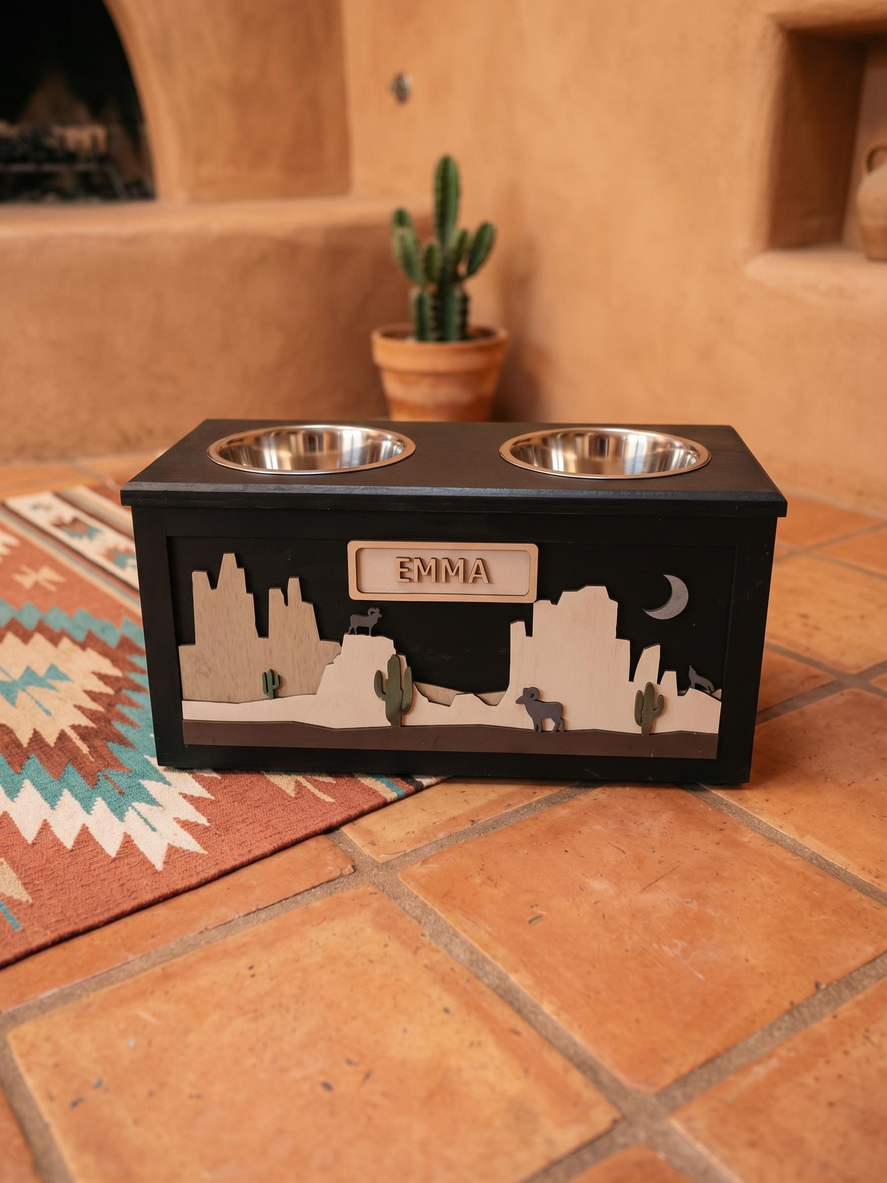 Raised Wood Dog Bowl Stand with Desert Southwest Scene, product view 3