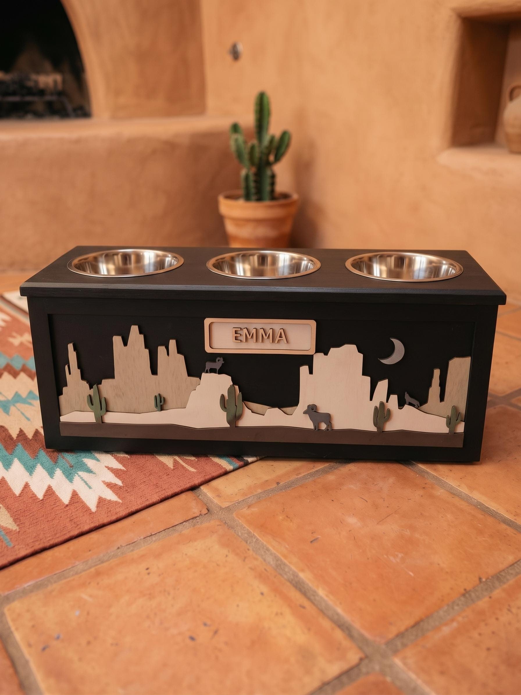 Raised Wood Dog Bowl Stand with Desert Southwest Scene, product view 4