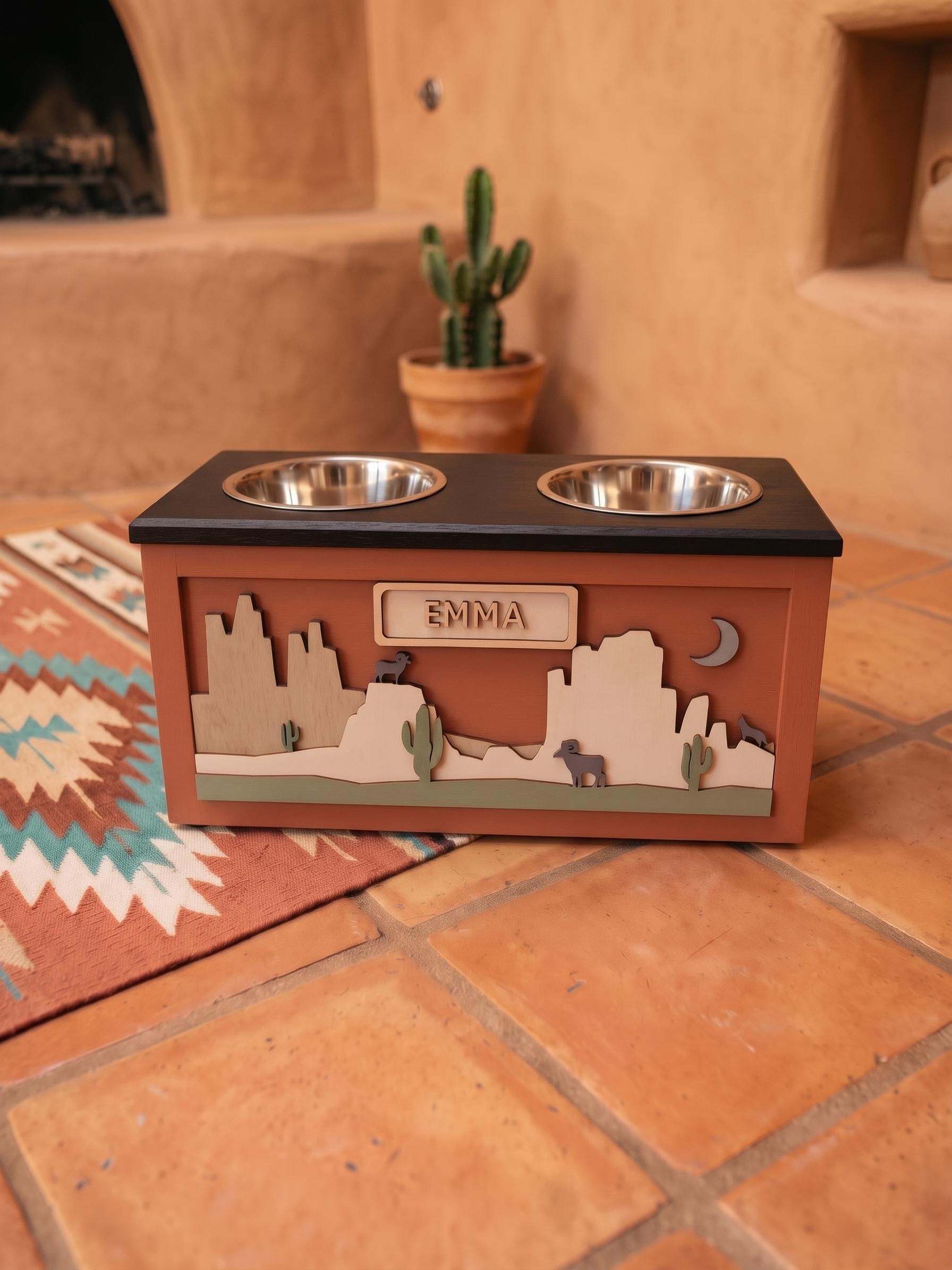 Raised Wood Dog Bowl Stand with Desert Southwest Scene, product view 5