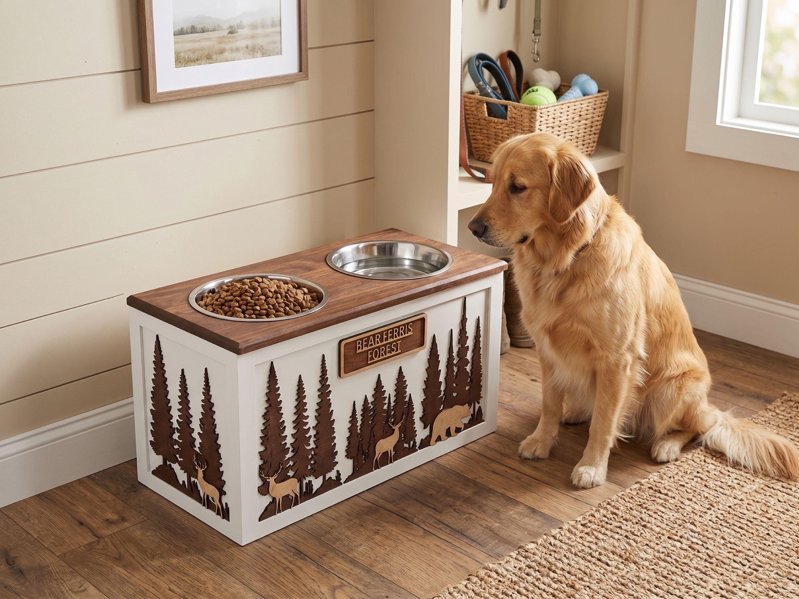 Raised Wood Dog Bowl Stand with Forest & Wildlife Scene