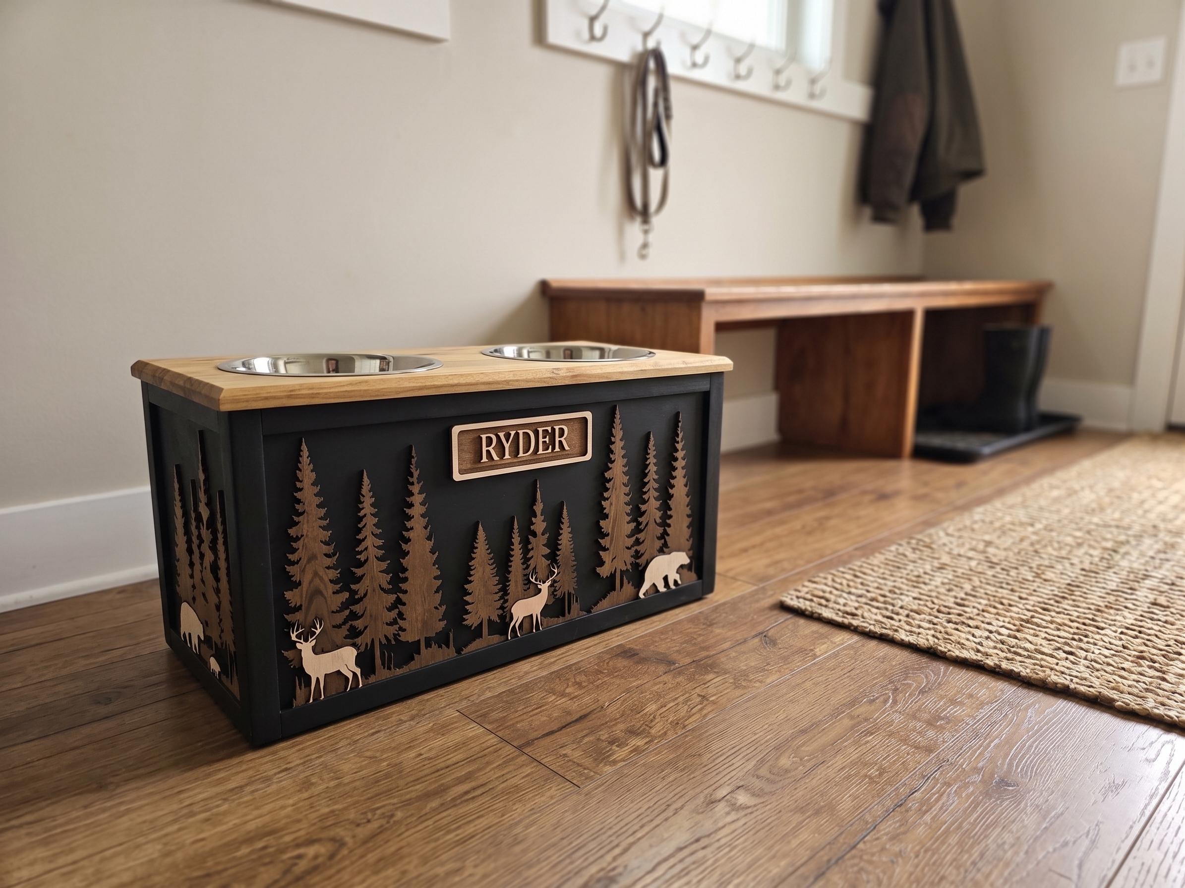 Raised Wood Dog Bowl Stand with Forest & Wildlife Scene, product view 2