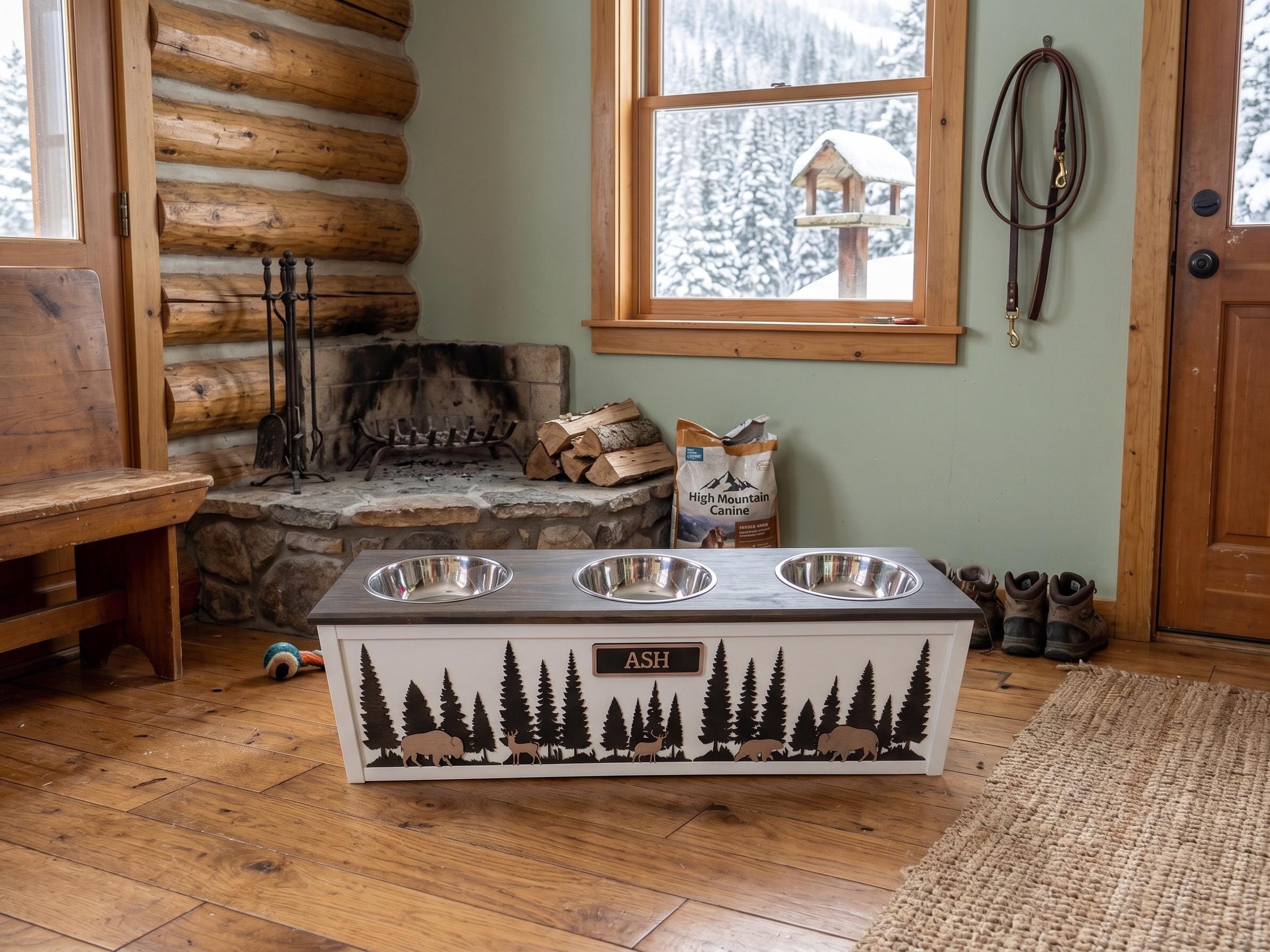 Raised Wood Dog Bowl Stand with Forest & Wildlife Scene, product view 4
