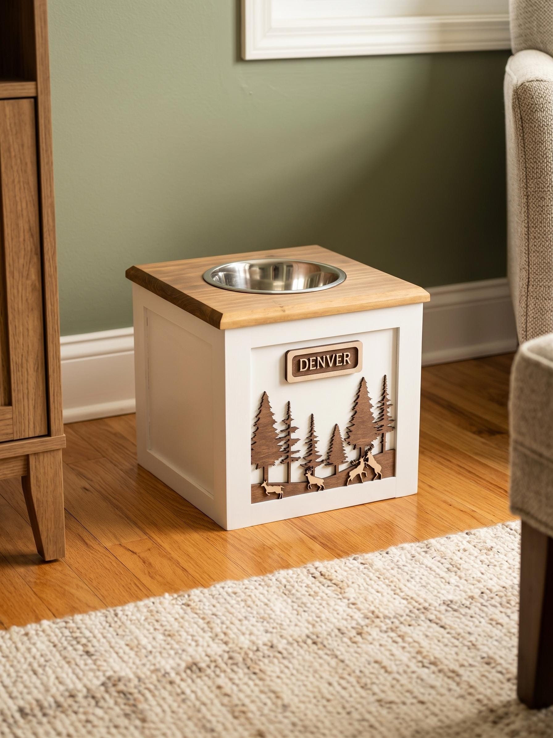 Raised Wood Dog Bowl Stand with Forest & Wildlife Scene, product view 5