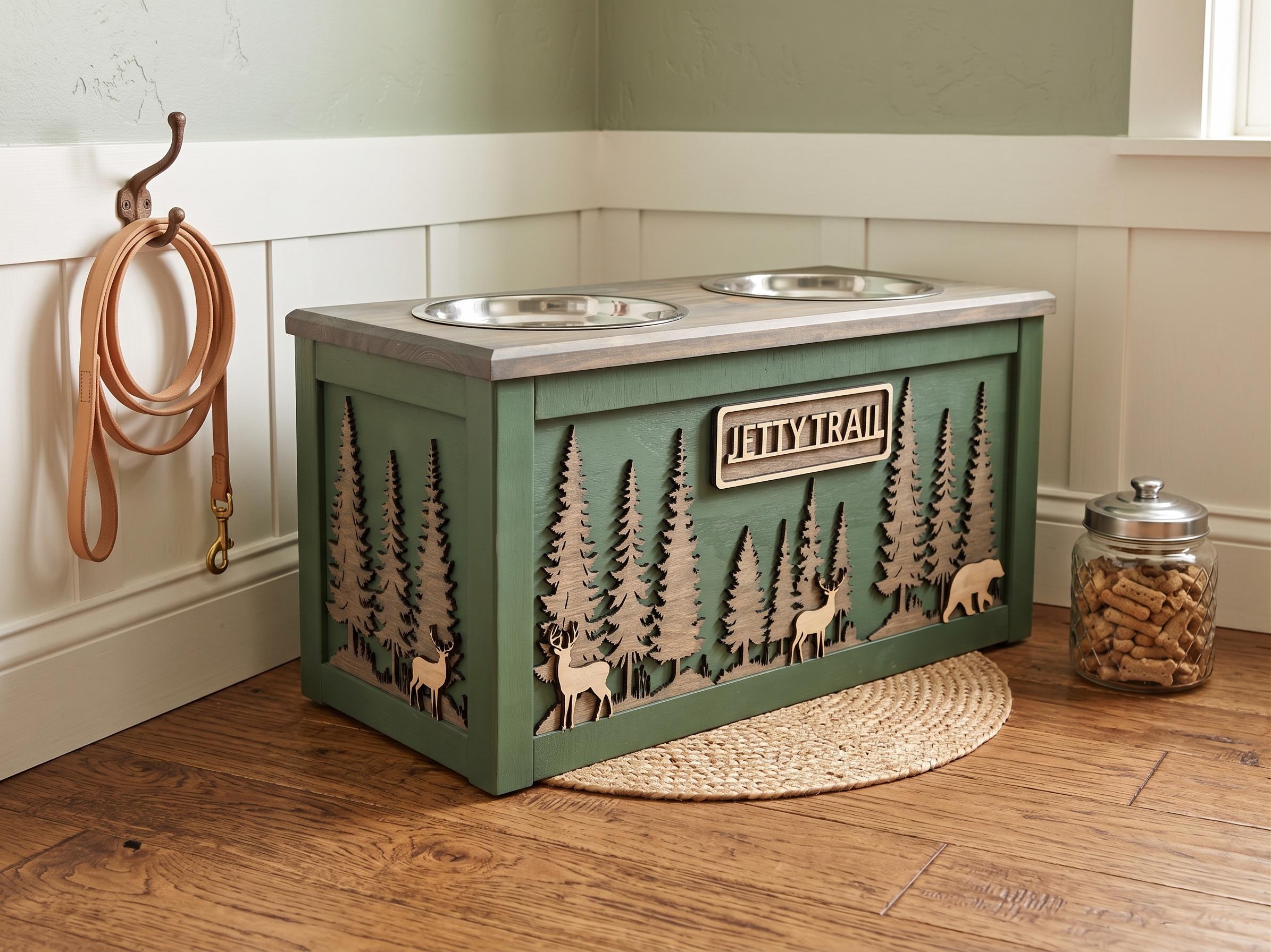 Raised Wood Dog Bowl Stand with Forest & Wildlife Scene, product view 6