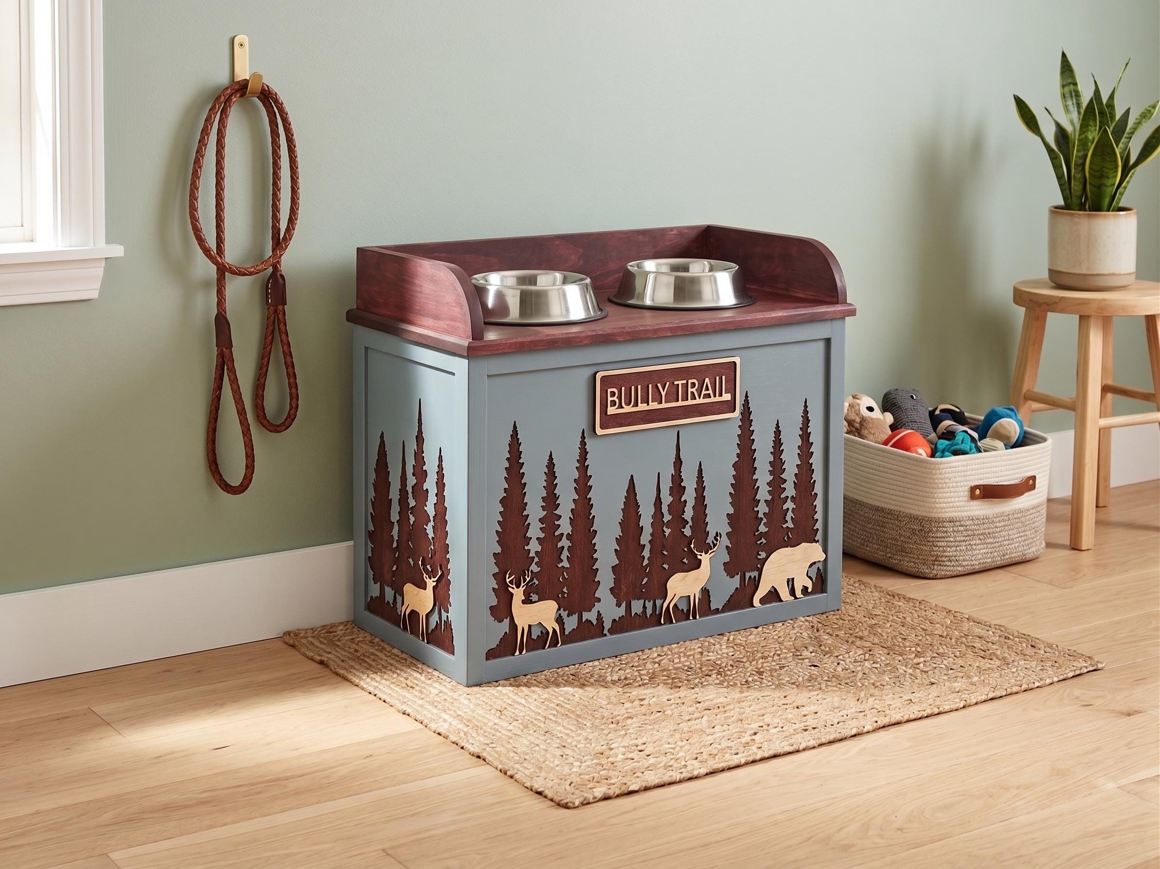 Raised Wood Dog Bowl Stand with Forest & Wildlife Scene, product view 7