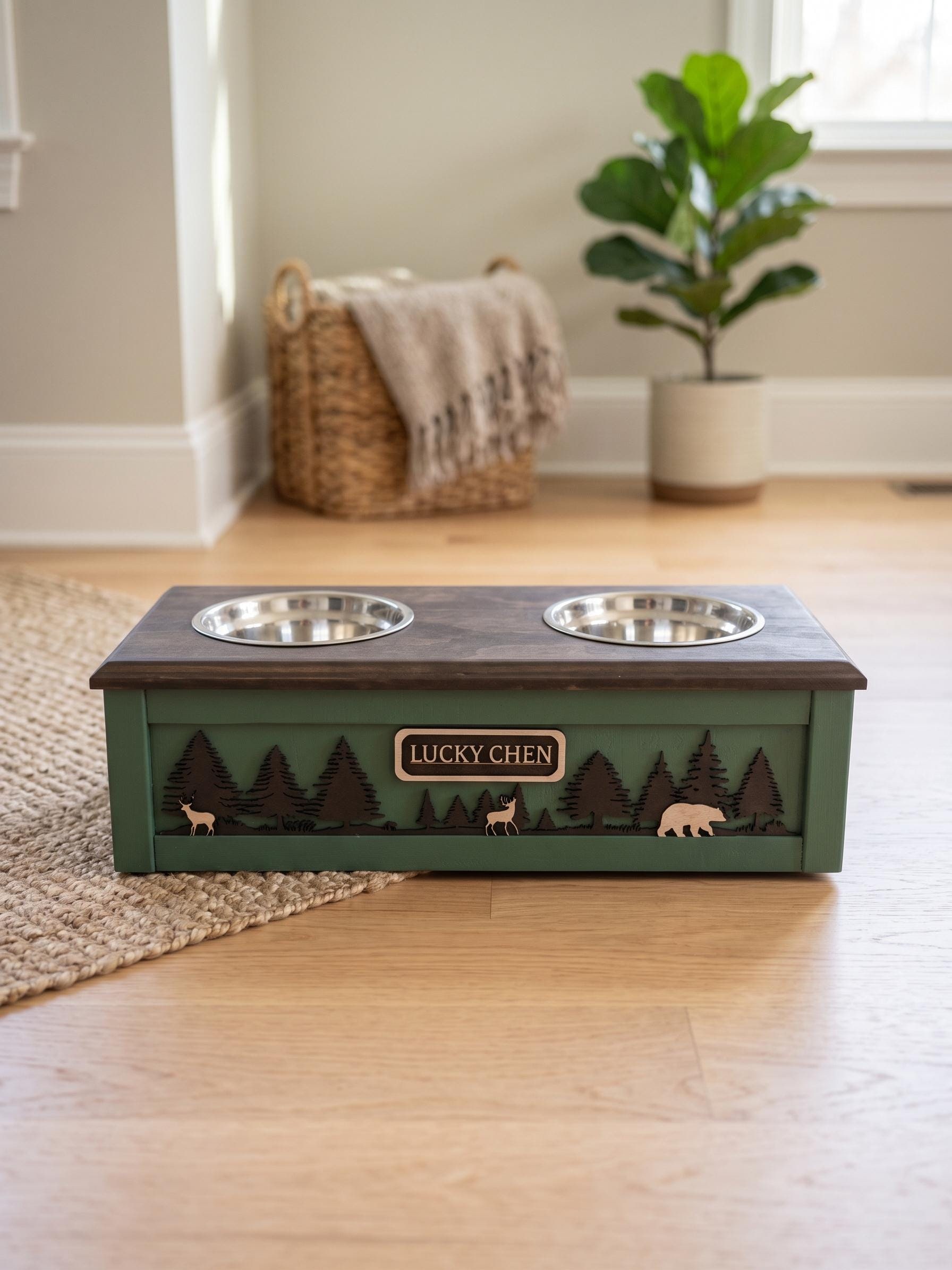 Raised Wood Dog Bowl Stand with Forest & Wildlife Scene, product view 8