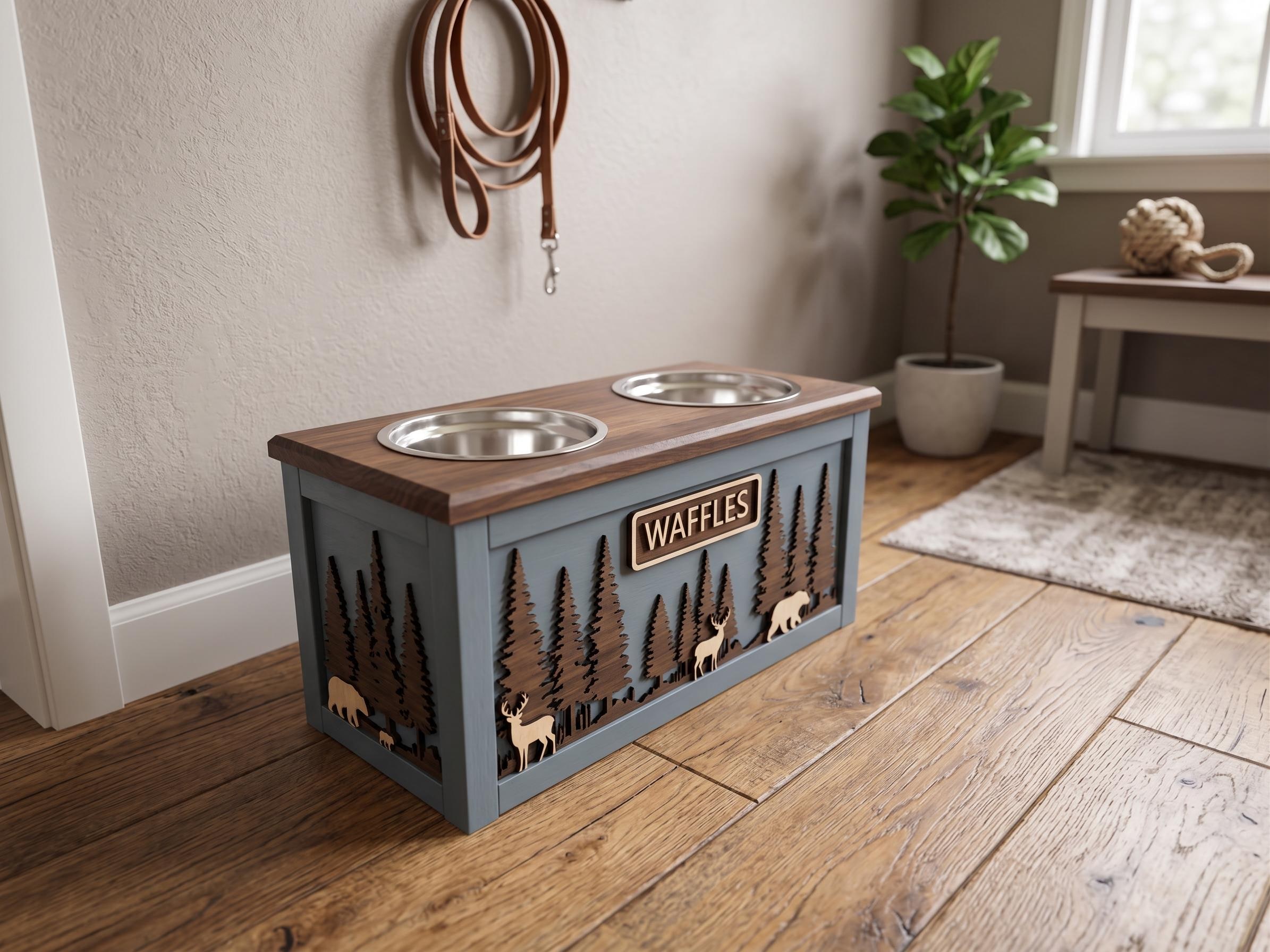 Raised Wood Dog Bowl Stand with Forest & Wildlife Scene, product view 9