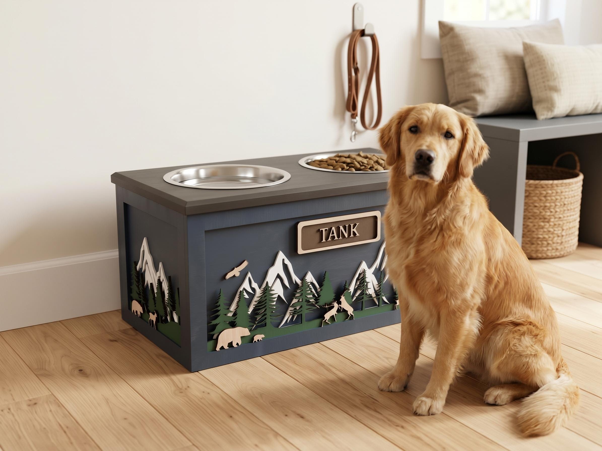 Raised Wood Dog Bowl Stand with Mountain Forest Scene