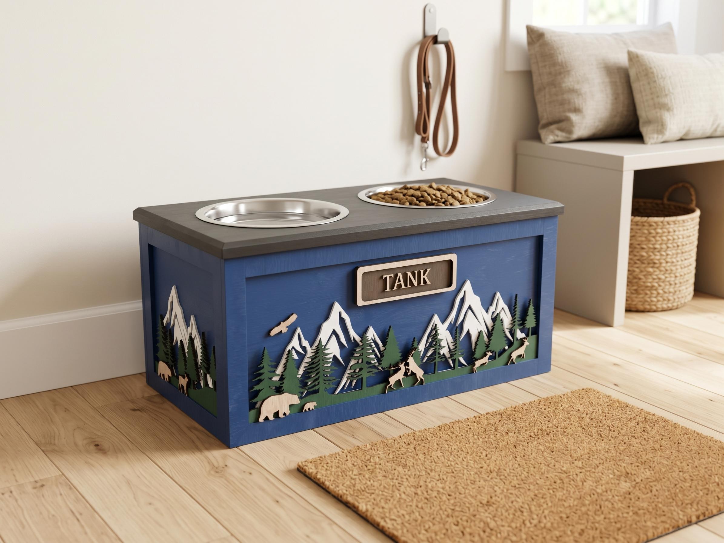 Raised Wood Dog Bowl Stand with Mountain Forest Scene, product view 2