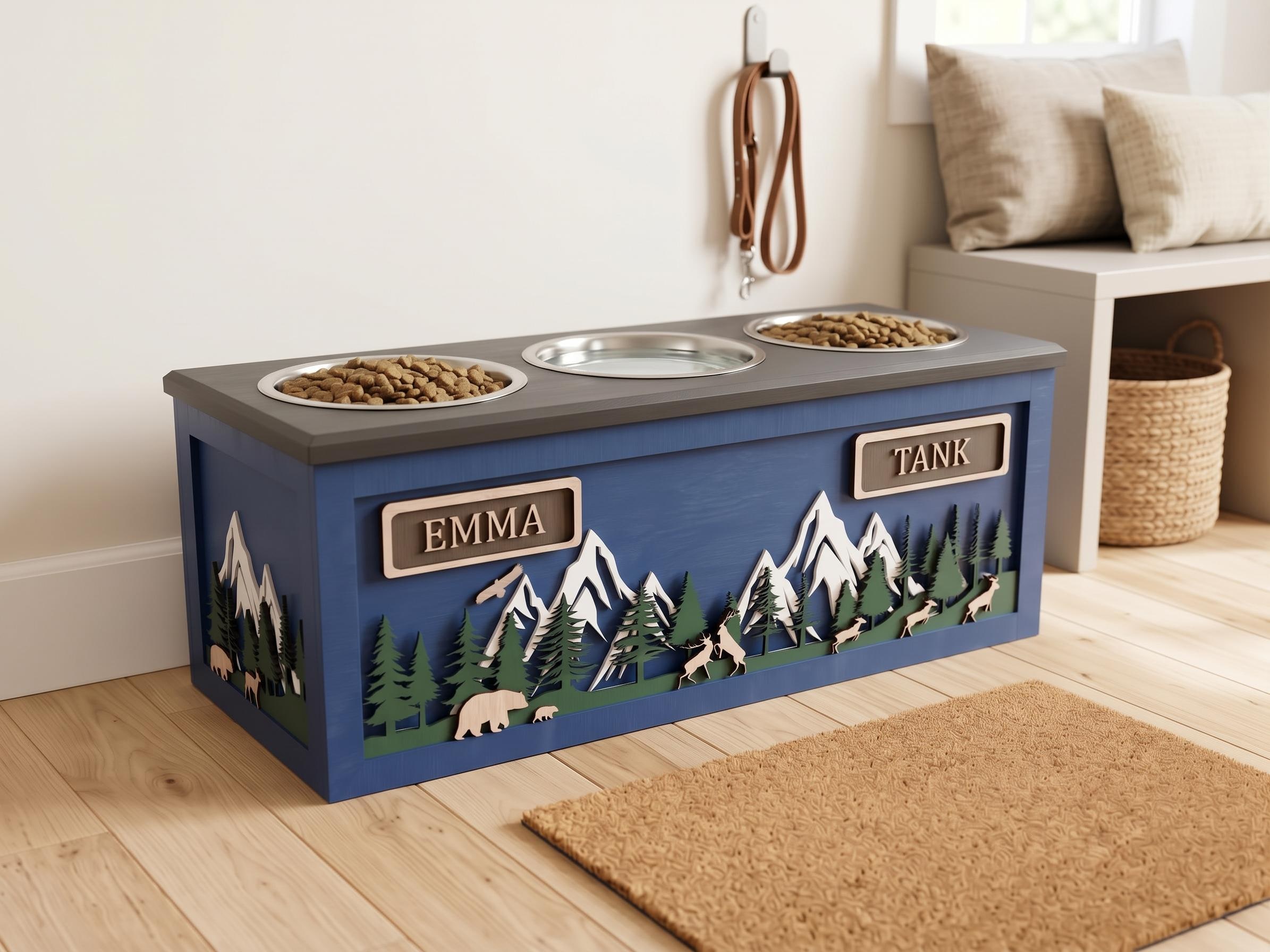 Raised Wood Dog Bowl Stand with Mountain Forest Scene, product view 4