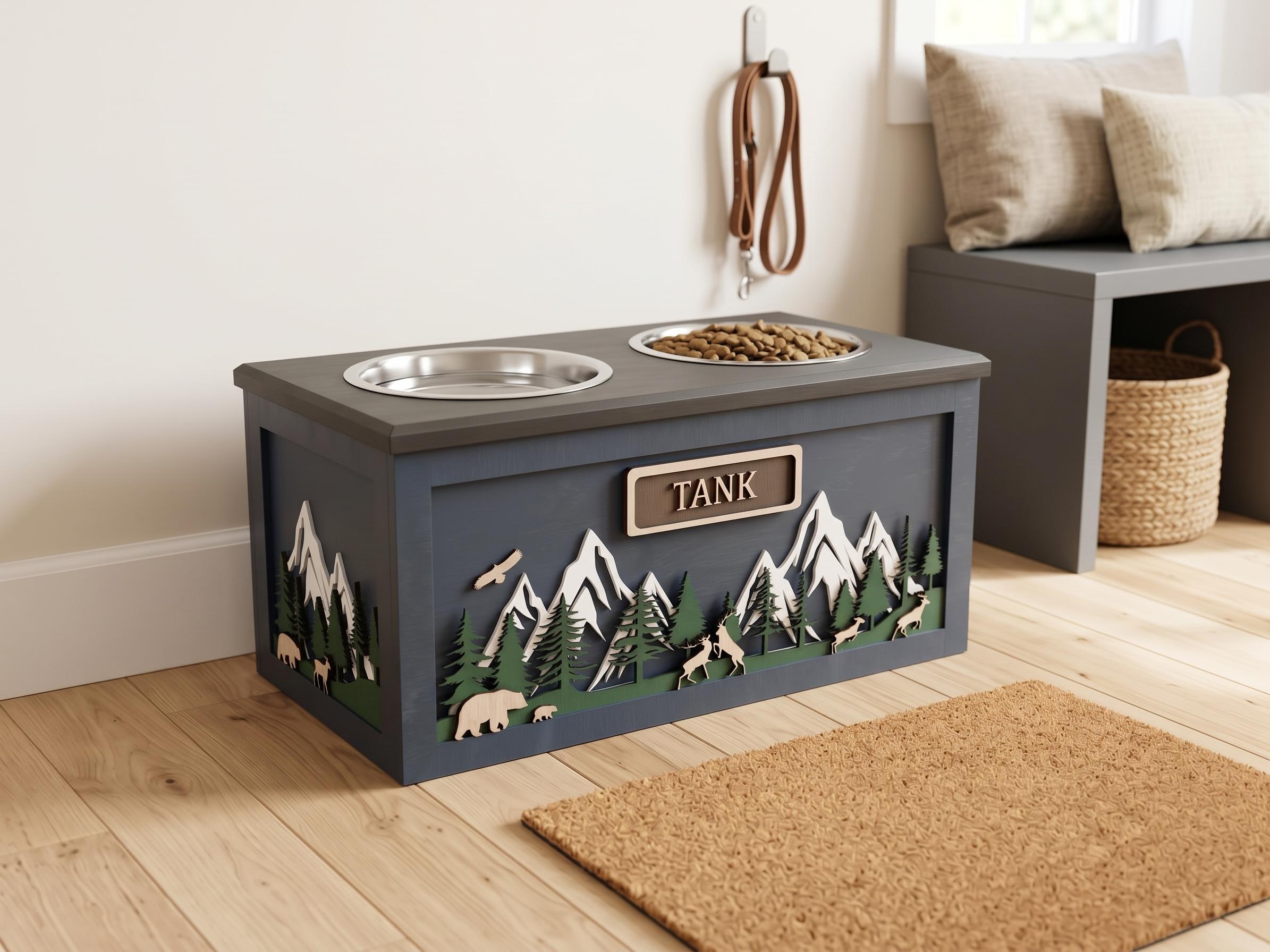Raised Wood Dog Bowl Stand with Mountain Forest Scene, product view 5