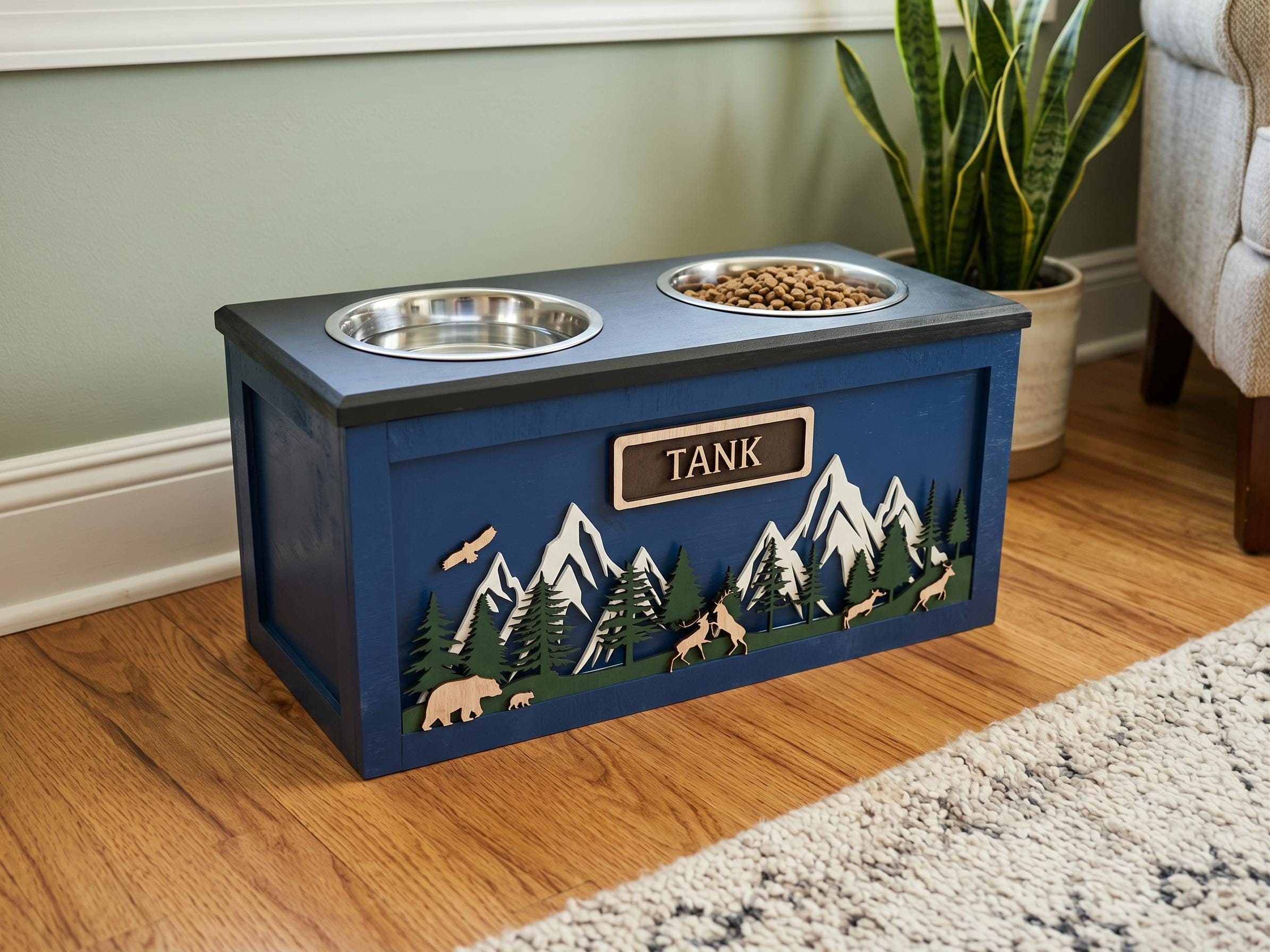 Raised Wood Dog Bowl Stand with Mountain Forest Scene, product view 8