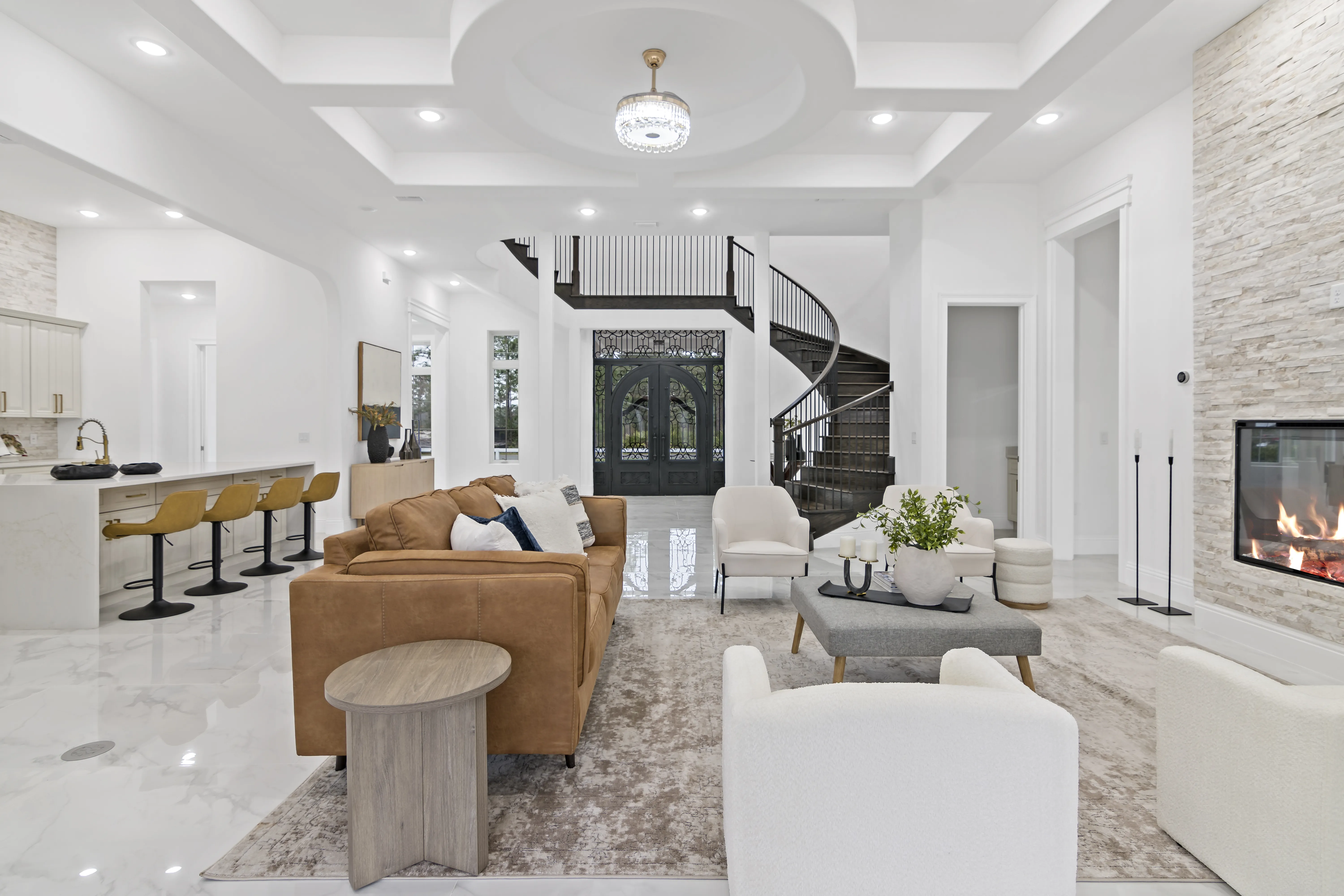 Living room styled with layered furnishings and art