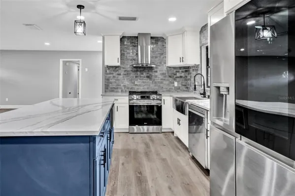 Bright staged kitchen prepared for listing photography