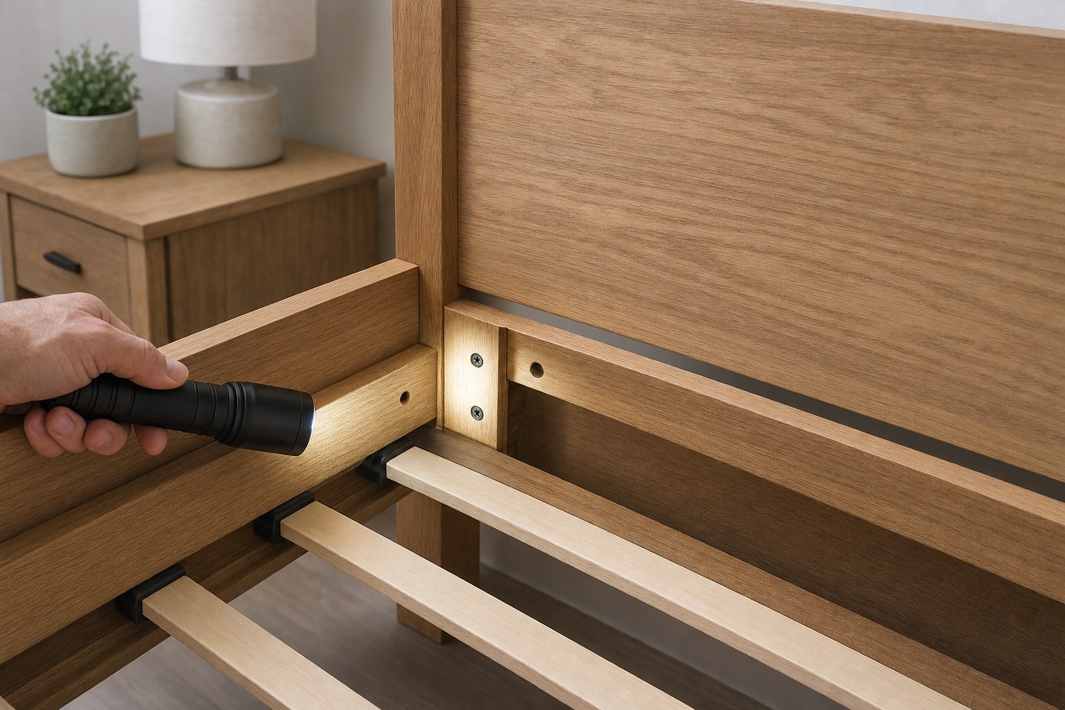 Flashlight checking the joints and slats of a wooden bed frame