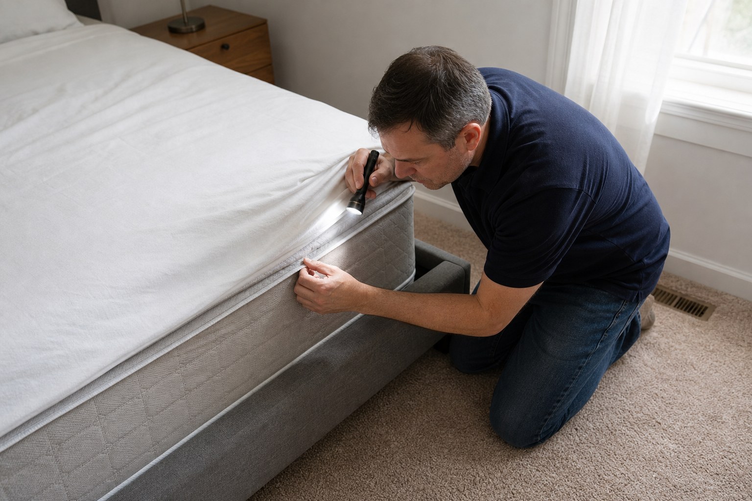 Homeowner checking a mattress seam with a flashlight