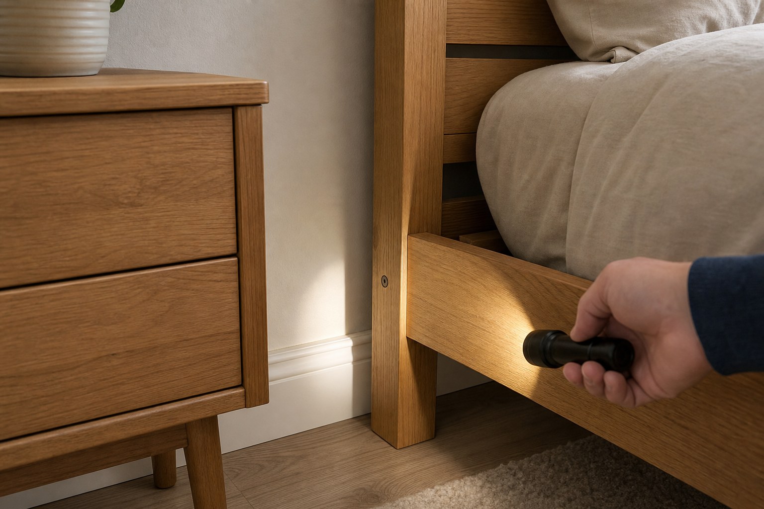 Flashlight checking the joint of a wooden bed frame beside a nightstand