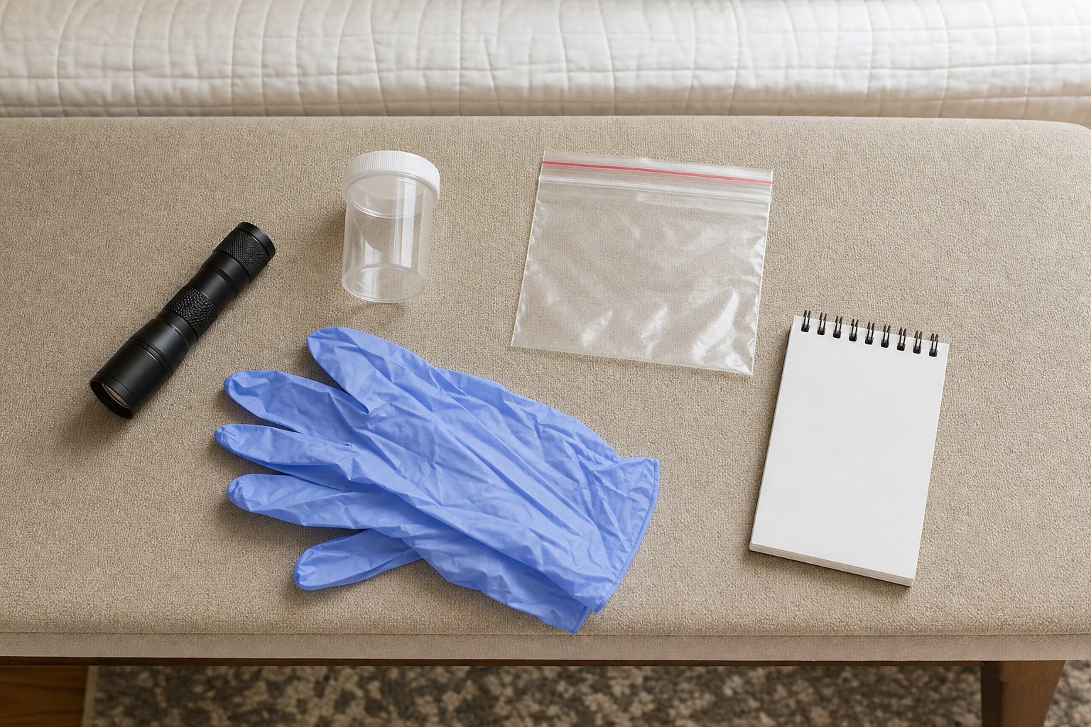Flashlight, clear container, resealable bag, gloves, and blank notepad ready for an inspection