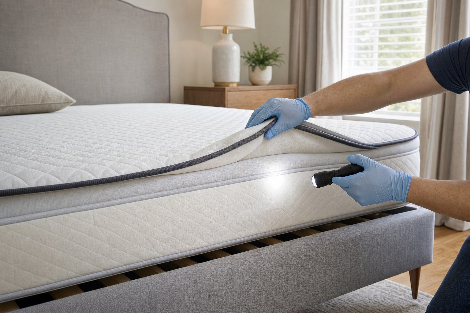 Careful flashlight inspection of a mattress seam and edge