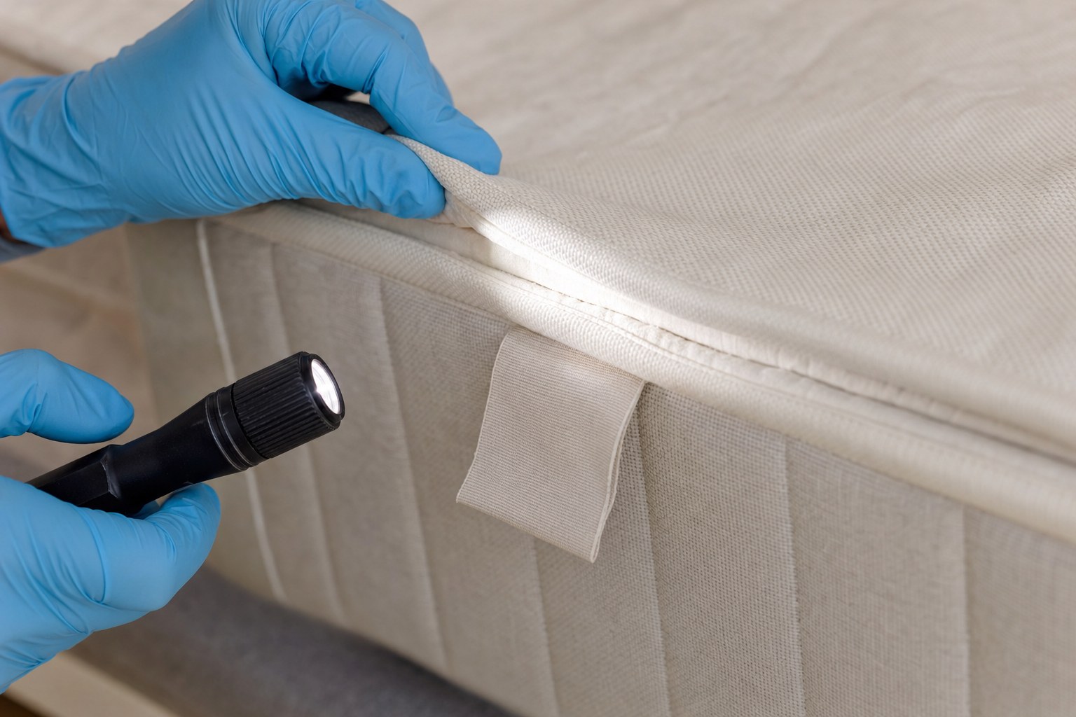 Flashlight inspecting the piping and label on a mattress