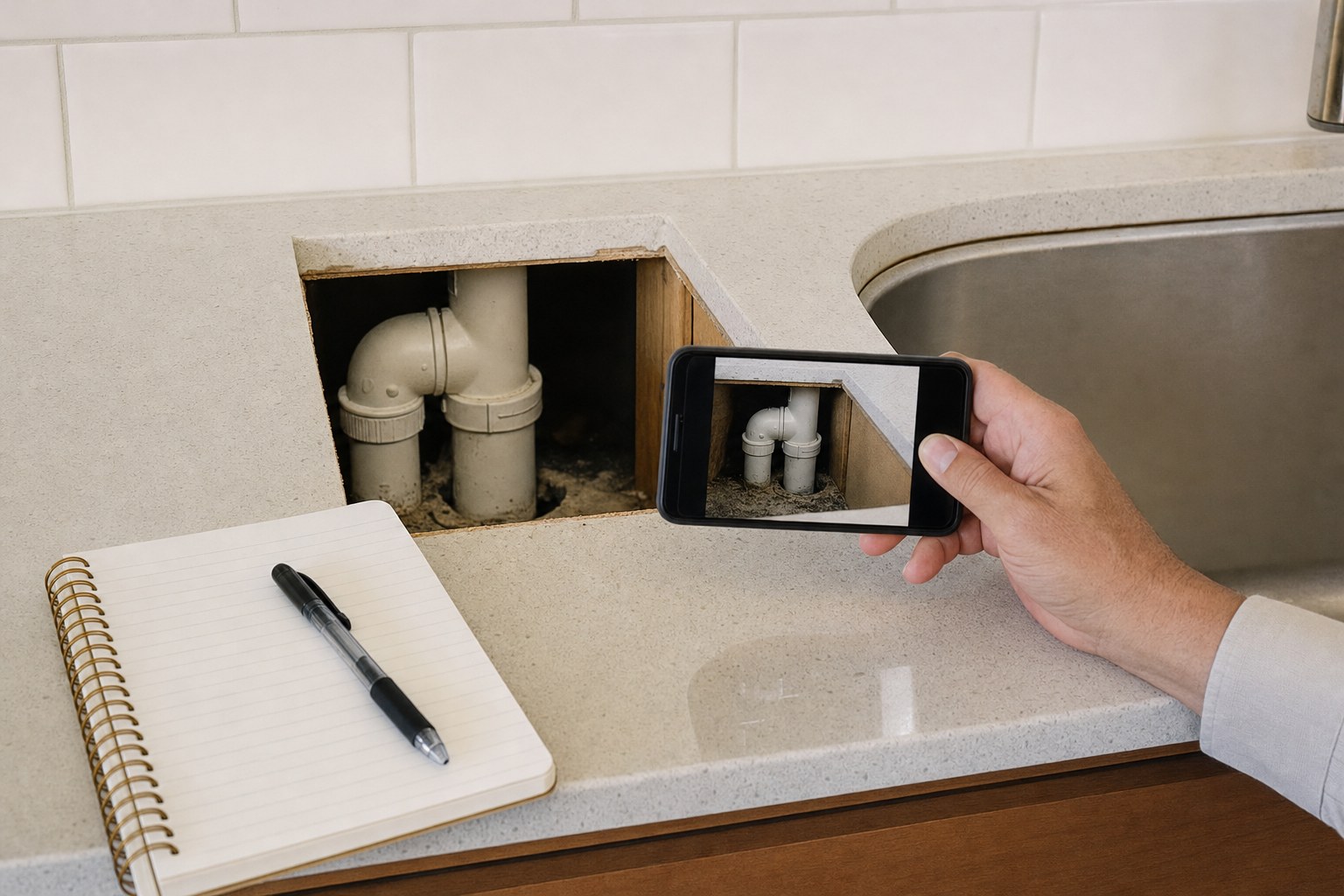 Resident documenting an opening around plumbing for a maintenance request