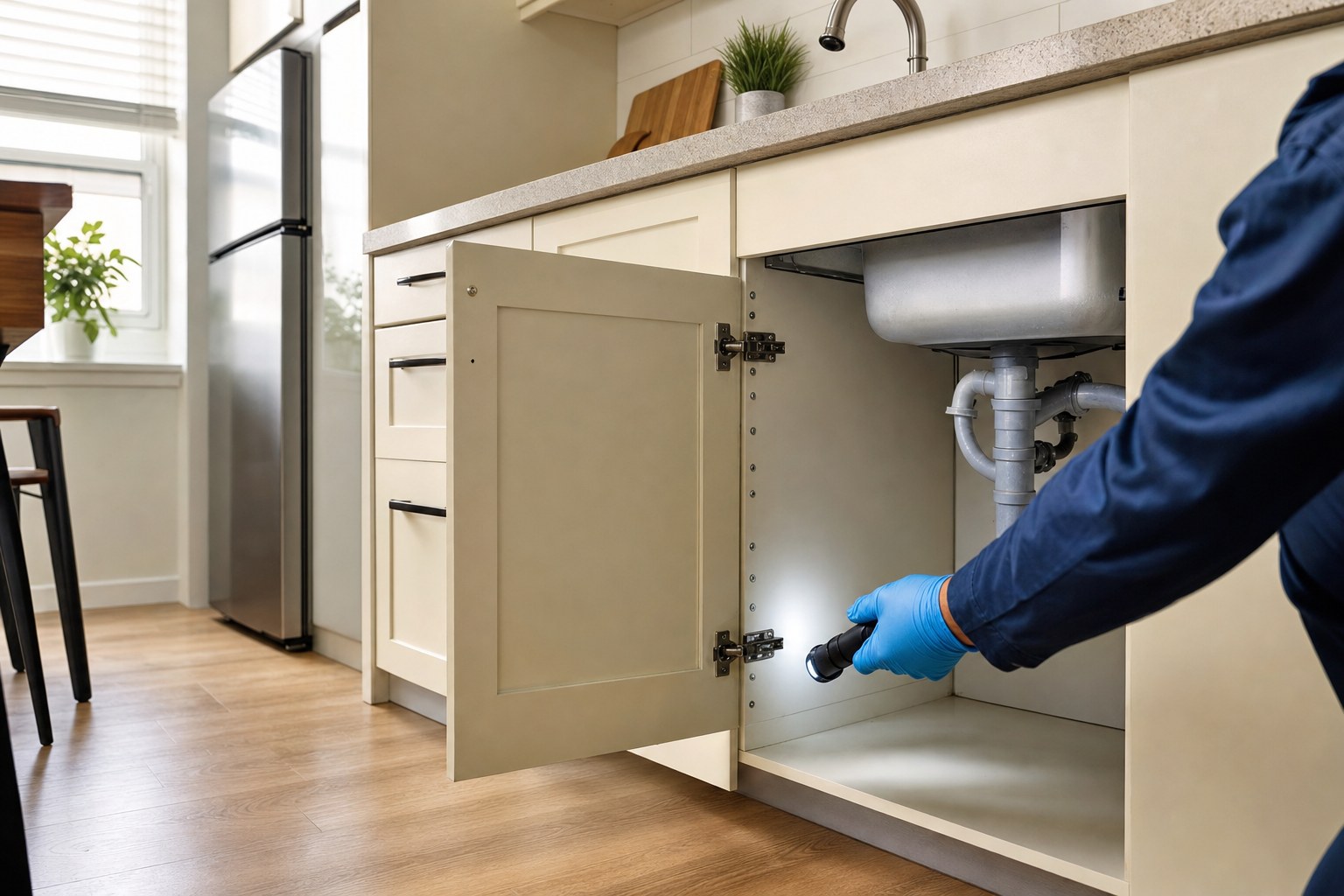 Careful inspection beneath an apartment kitchen sink
