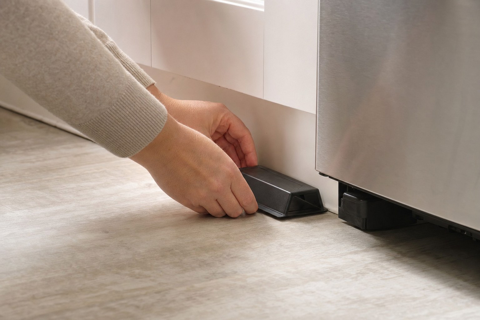 Monitoring trap placed along a kitchen wall beside an appliance